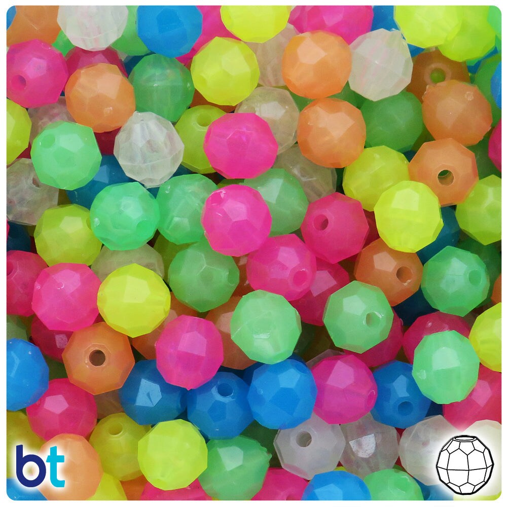 BeadTin Glow Mix 10mm Faceted Round Plastic Craft Beads (225pcs)