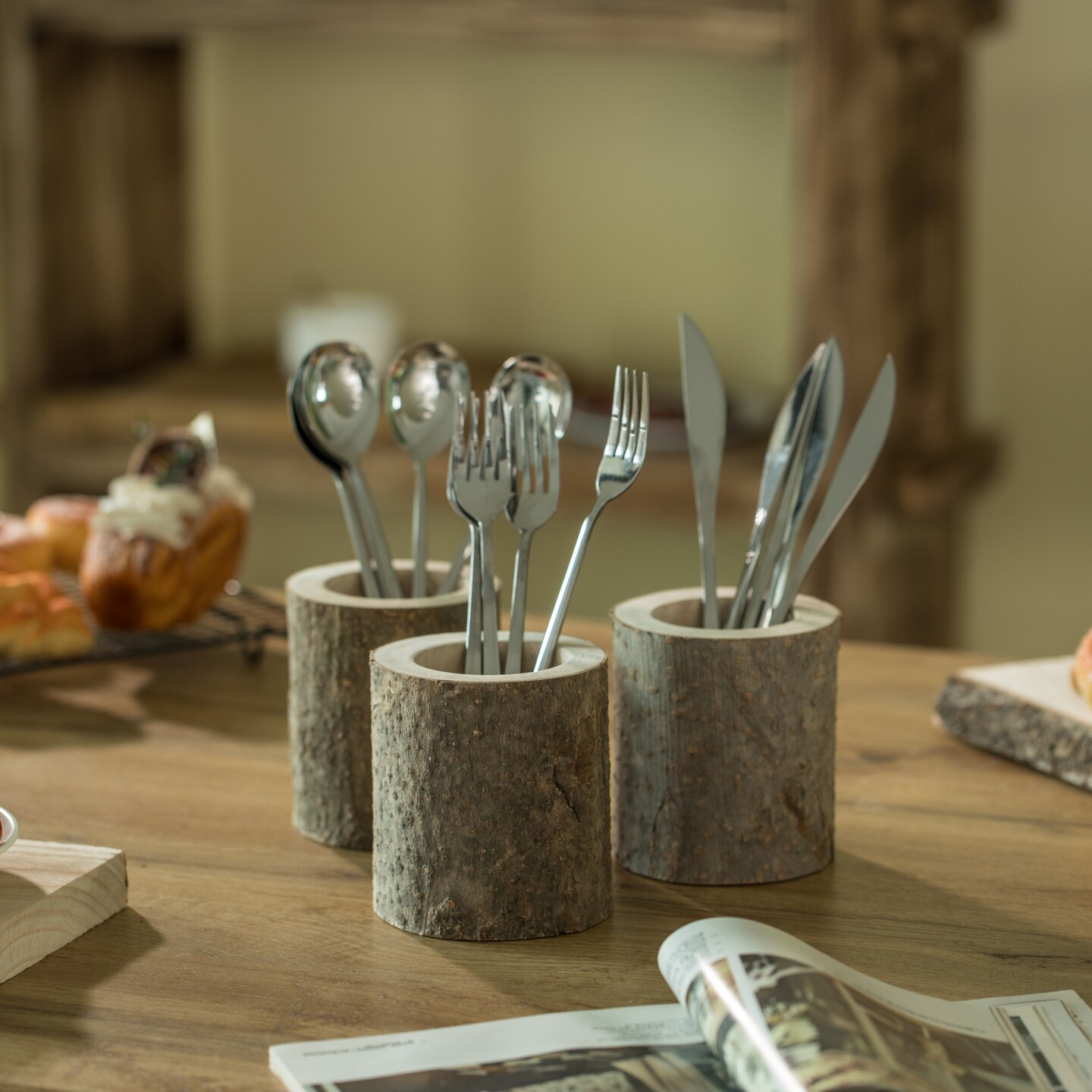 Set of 3 Rustic Wooden Round Handcrafted Holder Organizer for Flatware Utensil and Supplies