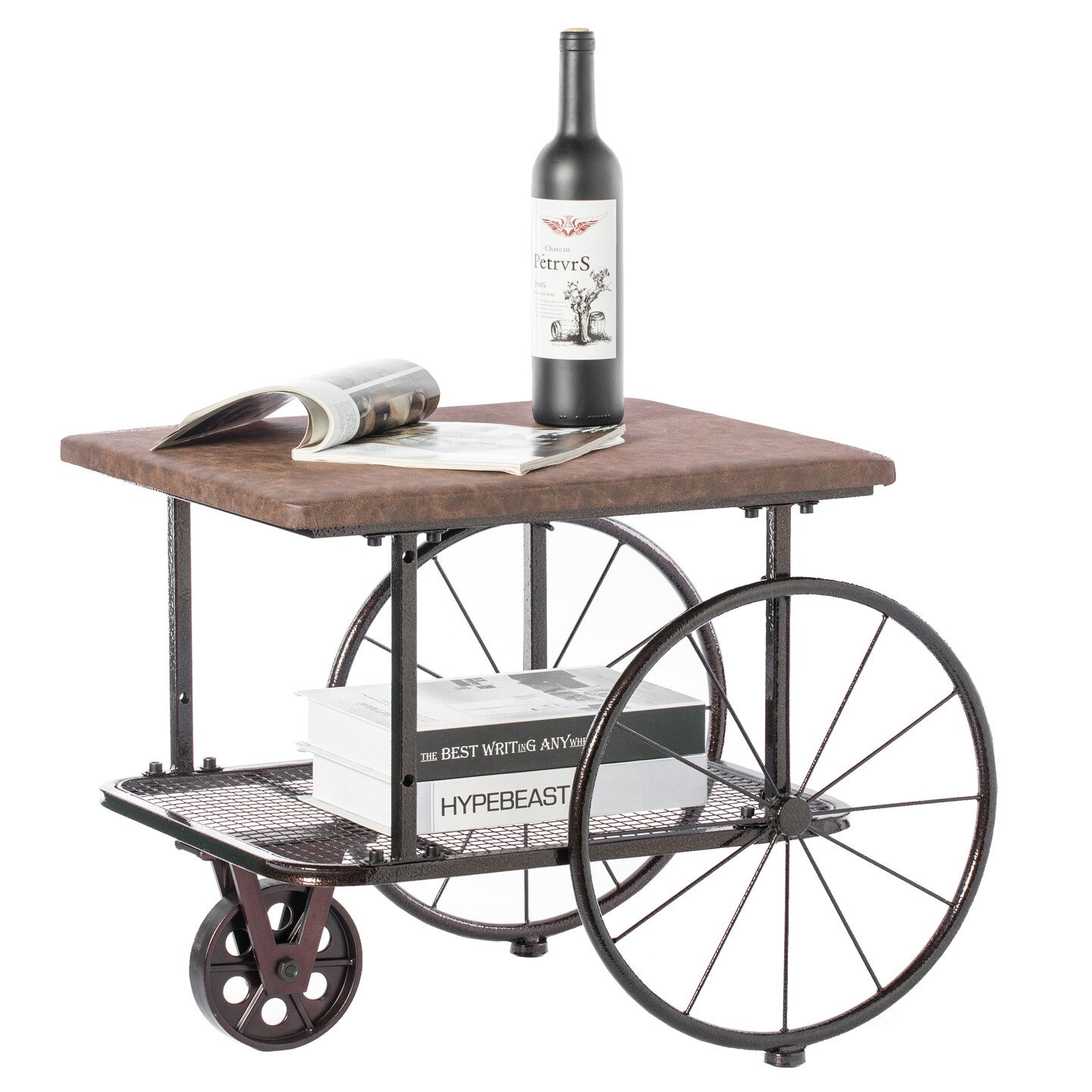 Industrial Wagon Style Coffee Table Rustic End Table Magazine Holder