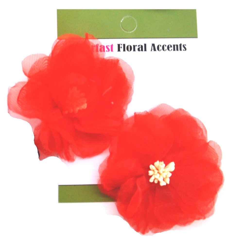 Belagio Colorfast Floral Accents, 2.50" Diameter, Organza Flower, 2 Piece Pack, Red
