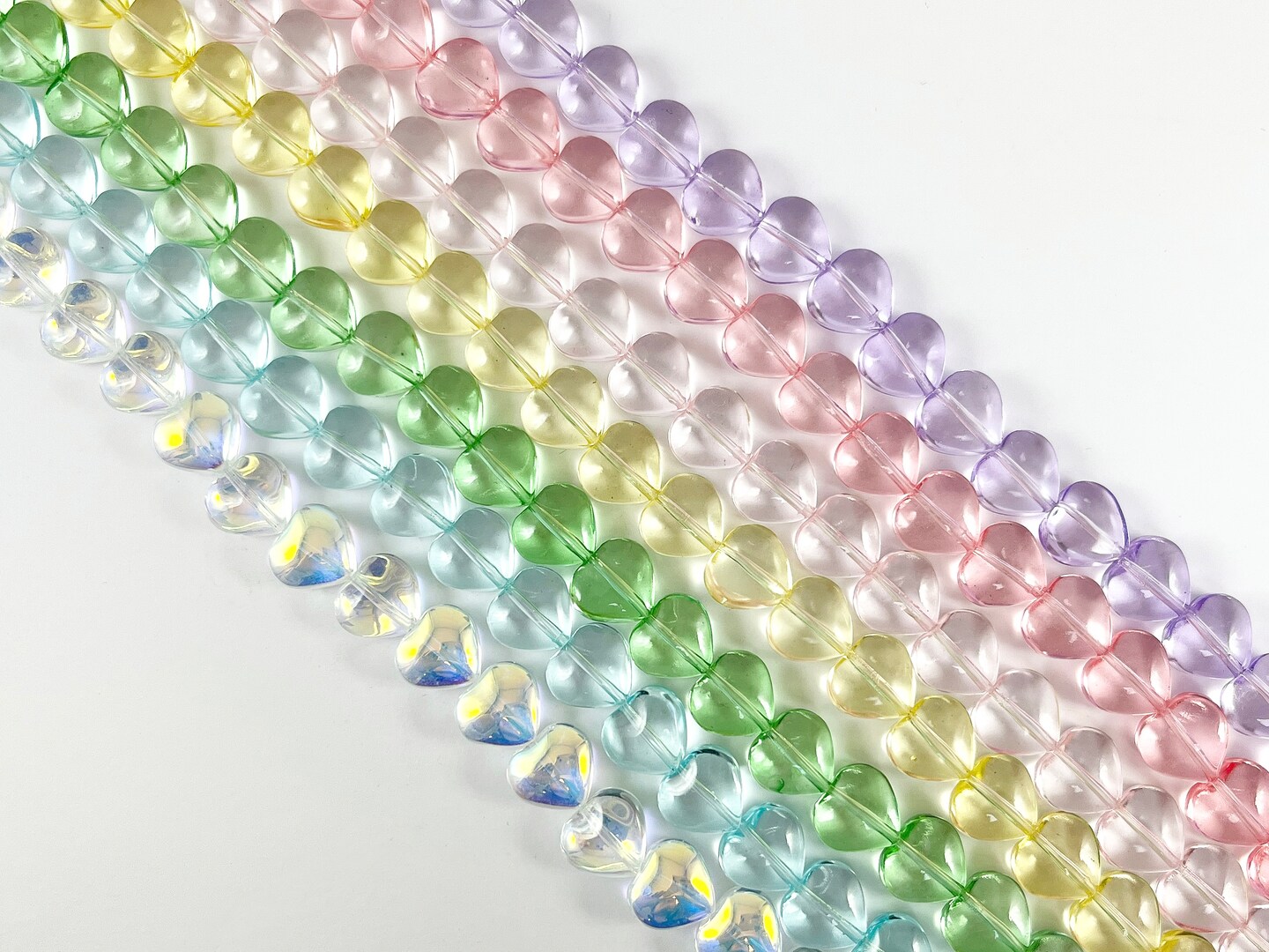 10mm Heart Shape Colorful Dyed Glass Beads Cute Transparent Glass Beads | 7 Colors Available Heart Beads for Valentine's Day Jewelry Making. 1 Strand