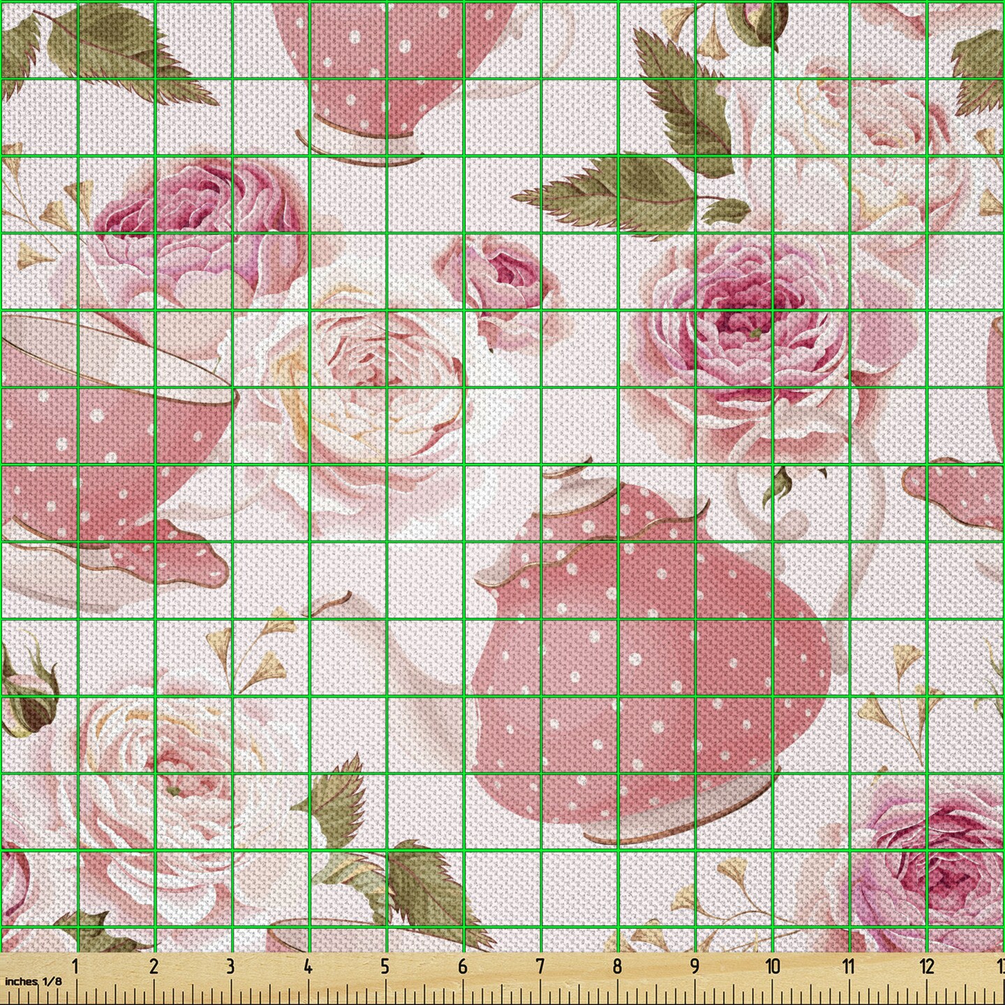 Ambesonne Floral Fabric by The Yard, Vintage Style Tea Cups with Roses Romantic Shabby Form Design Print, Decorative Satin Fabric for Home Textiles and Crafts, 1 Yards, Fern Green