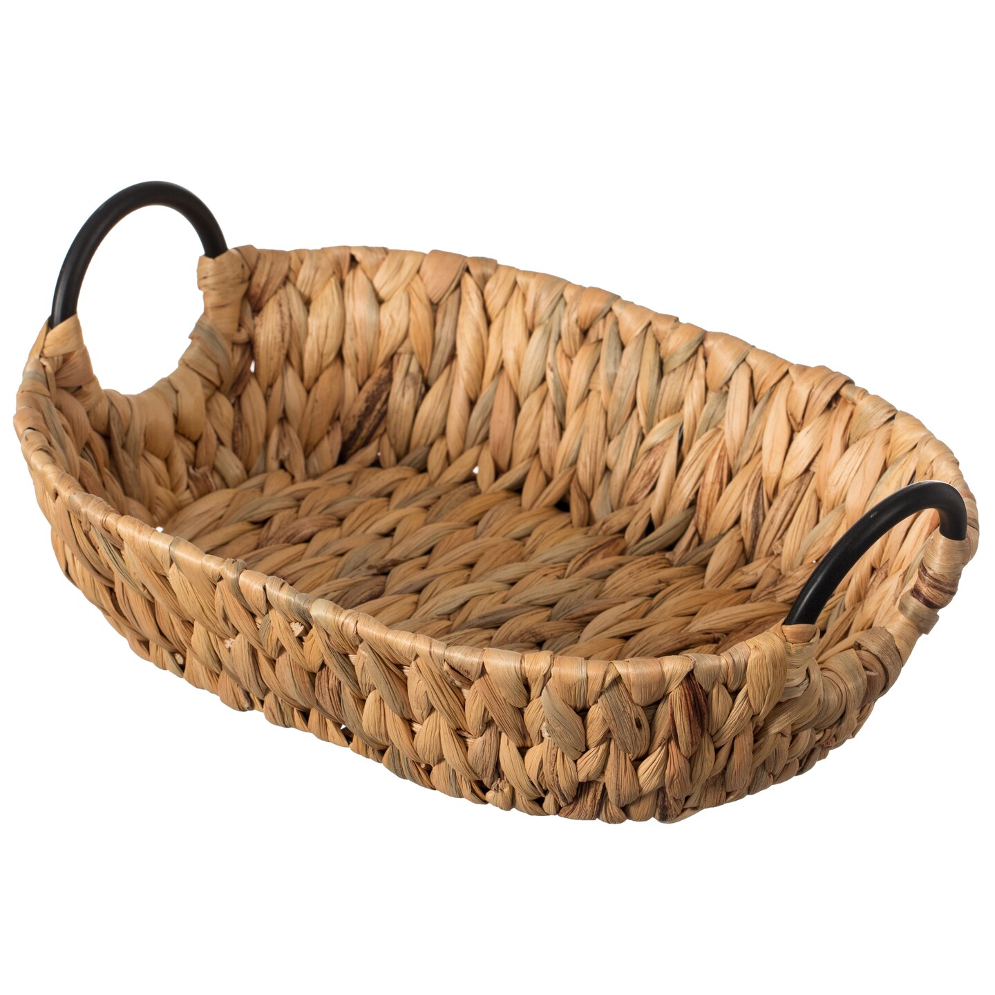 Natural Water Hyacinth Storage Oval Baskets with Black Handles for Serving or Decoration