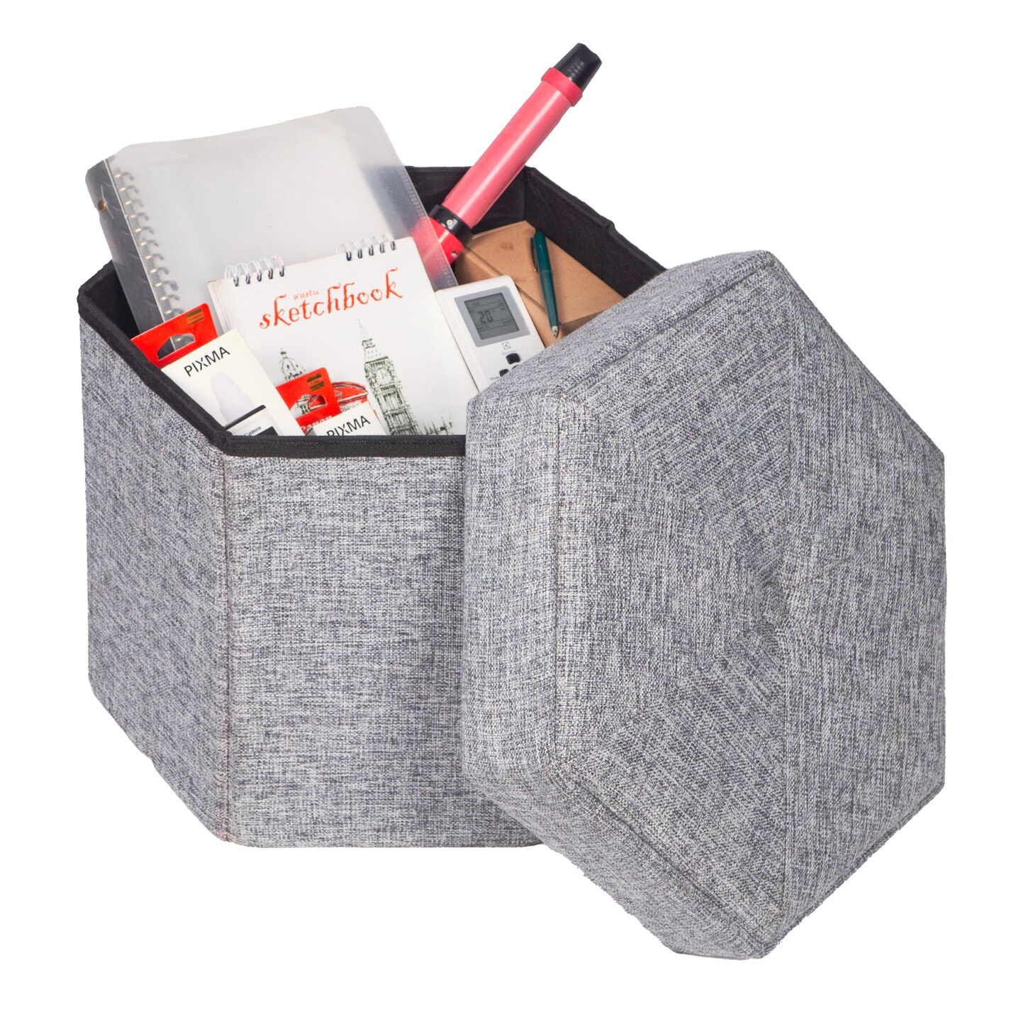 Decorative Grey Foldable Hexagon Ottoman for Living Room, Bedroom, Dining, Playroom or Office