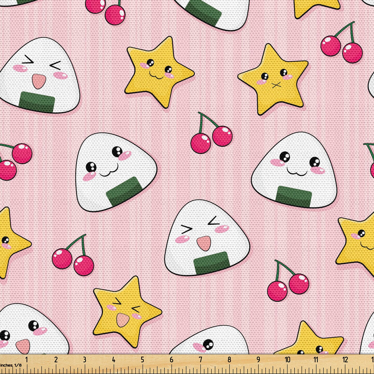 Ambesonne Japan Fabric by The Yard, Japanese Foods Rice Ball Cherries Kawaii Anime Pattern Design, Decorative Fabric for Upholstery and Home Accents, 3 Yards, Pink