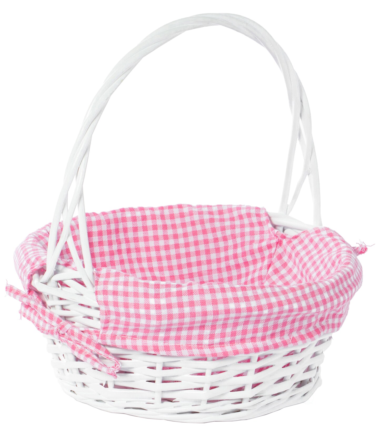 White Round Willow Gift Basket, with Gingham Liner and Handles