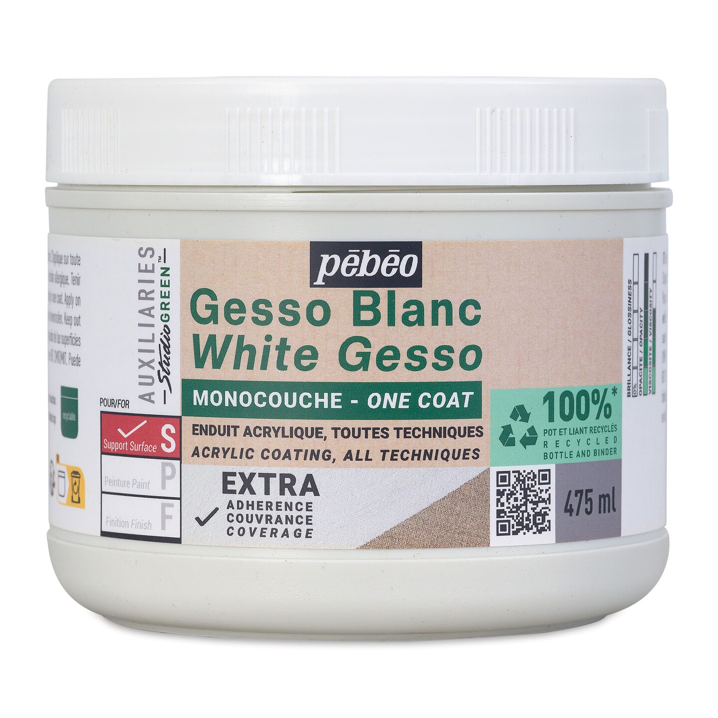 Pebeo Studio Green Gesso - One Coat White, 475 ml