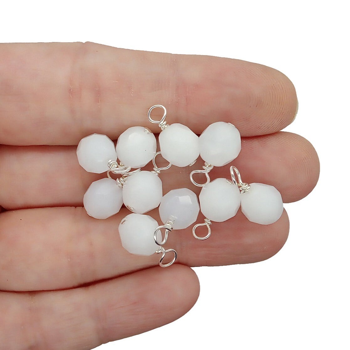 White Fire-Polished Dangle Charms, 8mm Czech Glass Beads, 10 pieces, Adorabilities