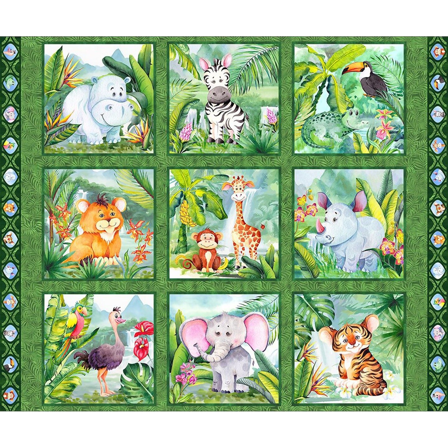 Jungle Friends Panel 36 Inches Cute Animals Cotton Fabric by In the Beginning