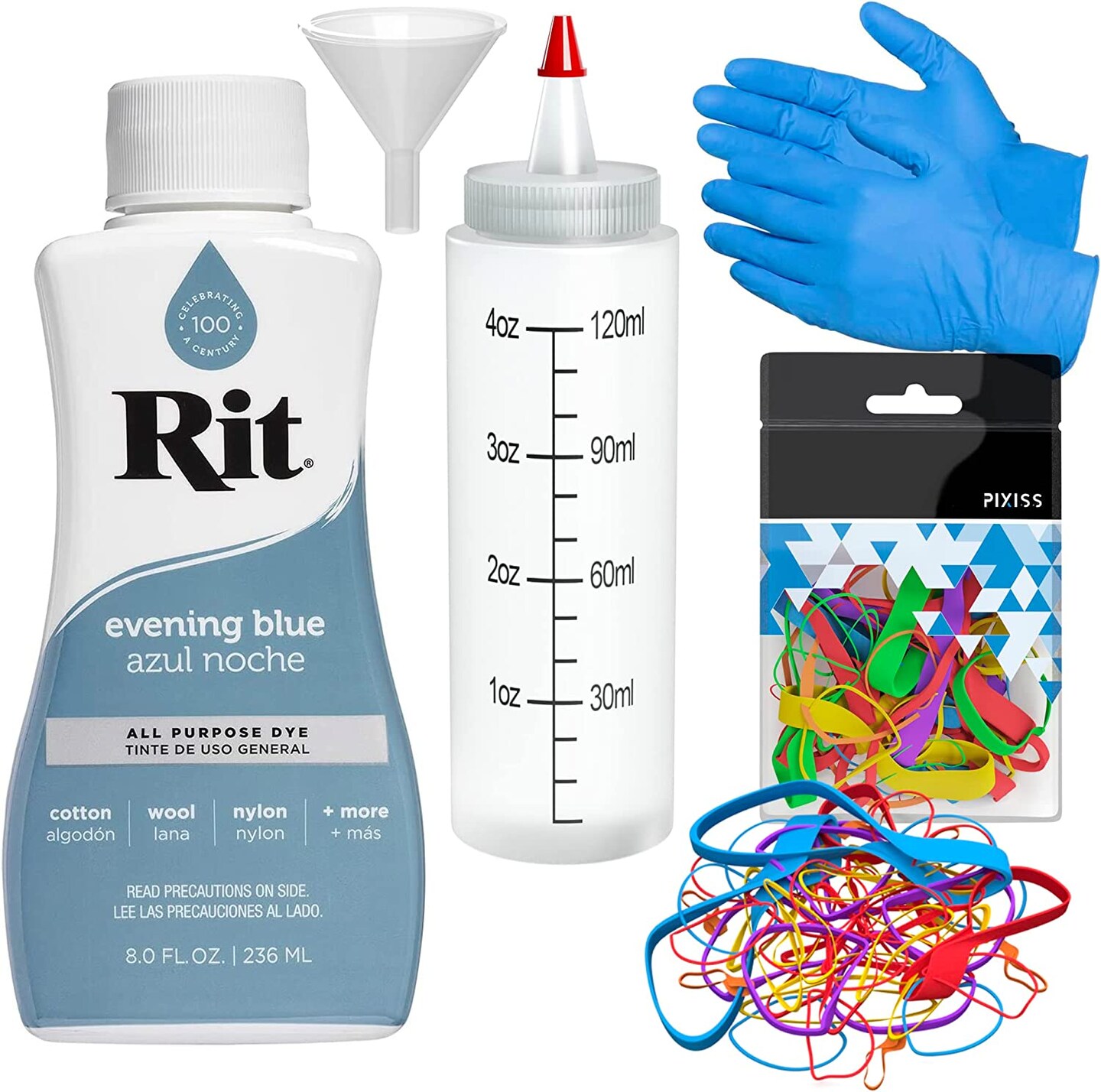 Rit Dye Liquid Evening Blue All-Purpose Dye 8oz, Pixiss Tie Dye Accessories Bundle