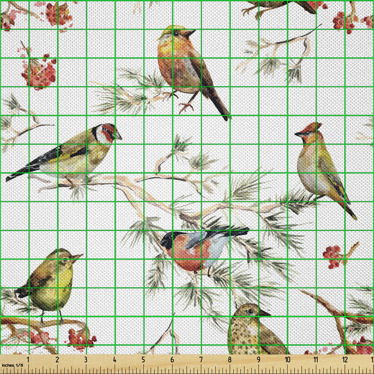 Ambesonne Animal Fabric by The Yard, Sparrows Birds Leaves Branches Pine Trees Watercolor Image Artwork, Decorative Satin Fabric for Home Textiles and Crafts, 1 Yards, Multicolor