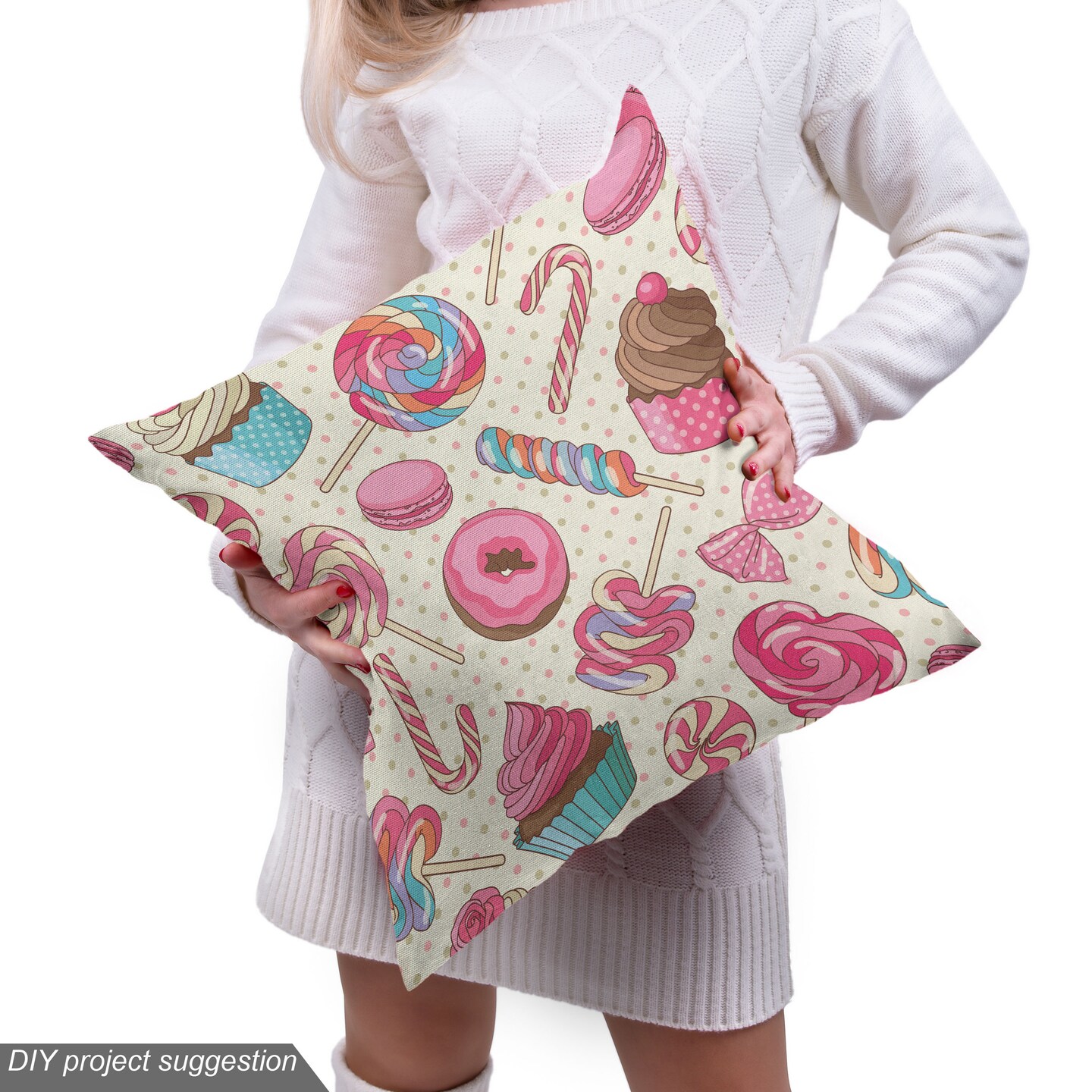 Ambesonne Candy Cane Fabric by The Yard, Yummy Lollipop Candy Macaroon Cupcake and Donut on Polka Dots Pattern, Decorative Fabric for Upholstery and Home Accents, 2 Yards, Pink Cream