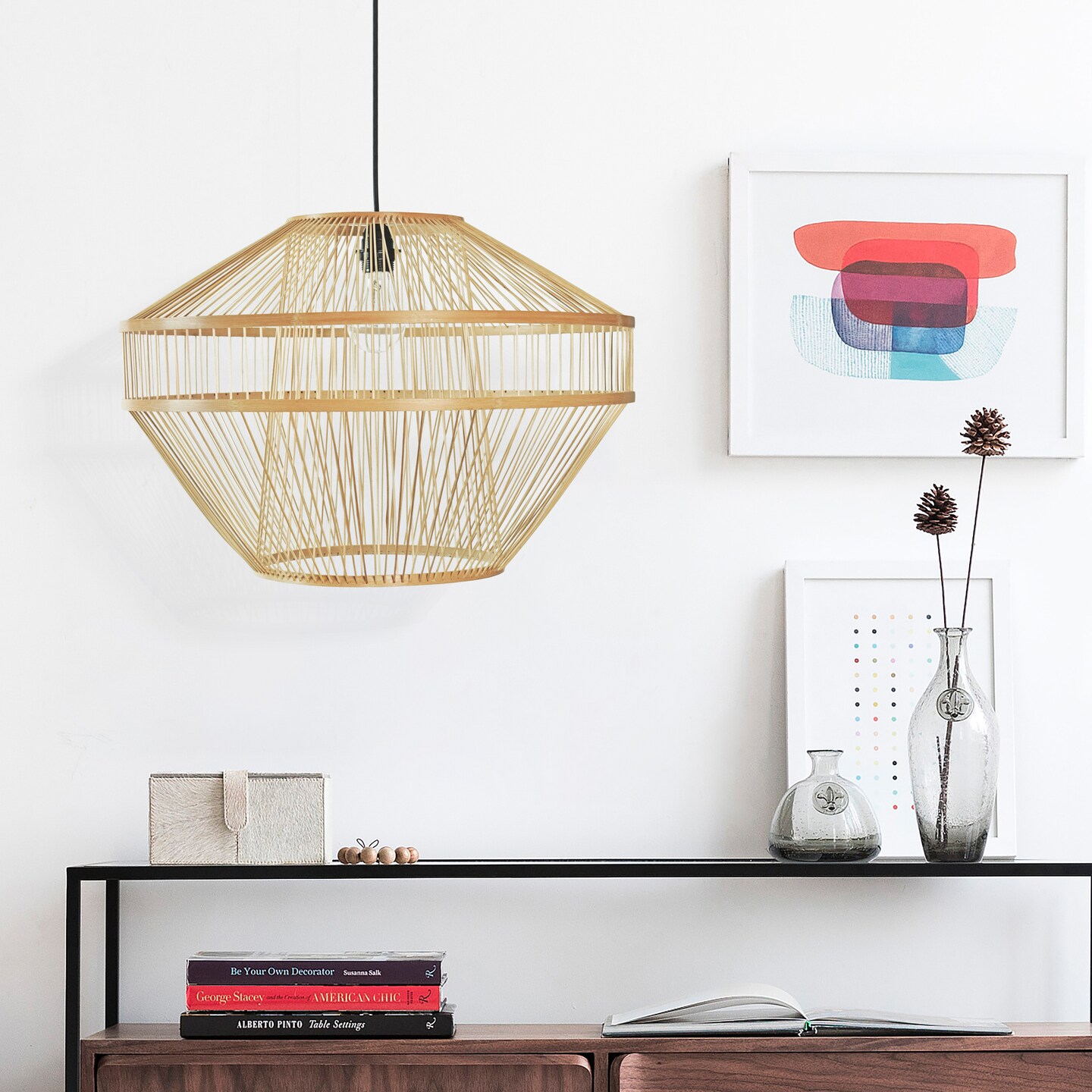 Modern Natural Bamboo Hanging Light Shade for Entryway and Living Room
