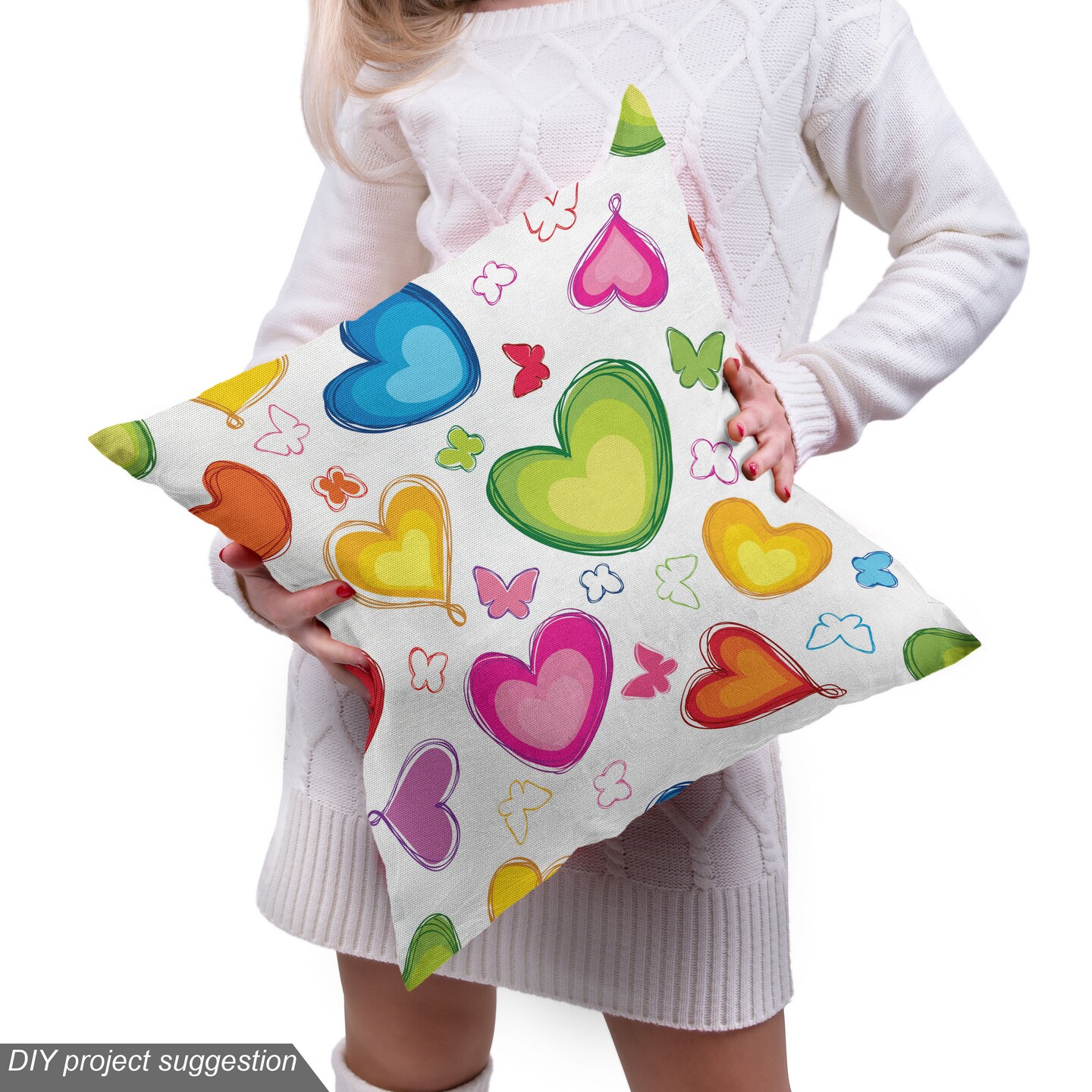 Ambesonne Love Fabric by The Yard, Colorful Hearts and Butterflies Silhouettes Doodle Style Happy Valentines Day Pattern, Decorative Fabric for Upholstery and Home Accents, 5 Yards, Green Red