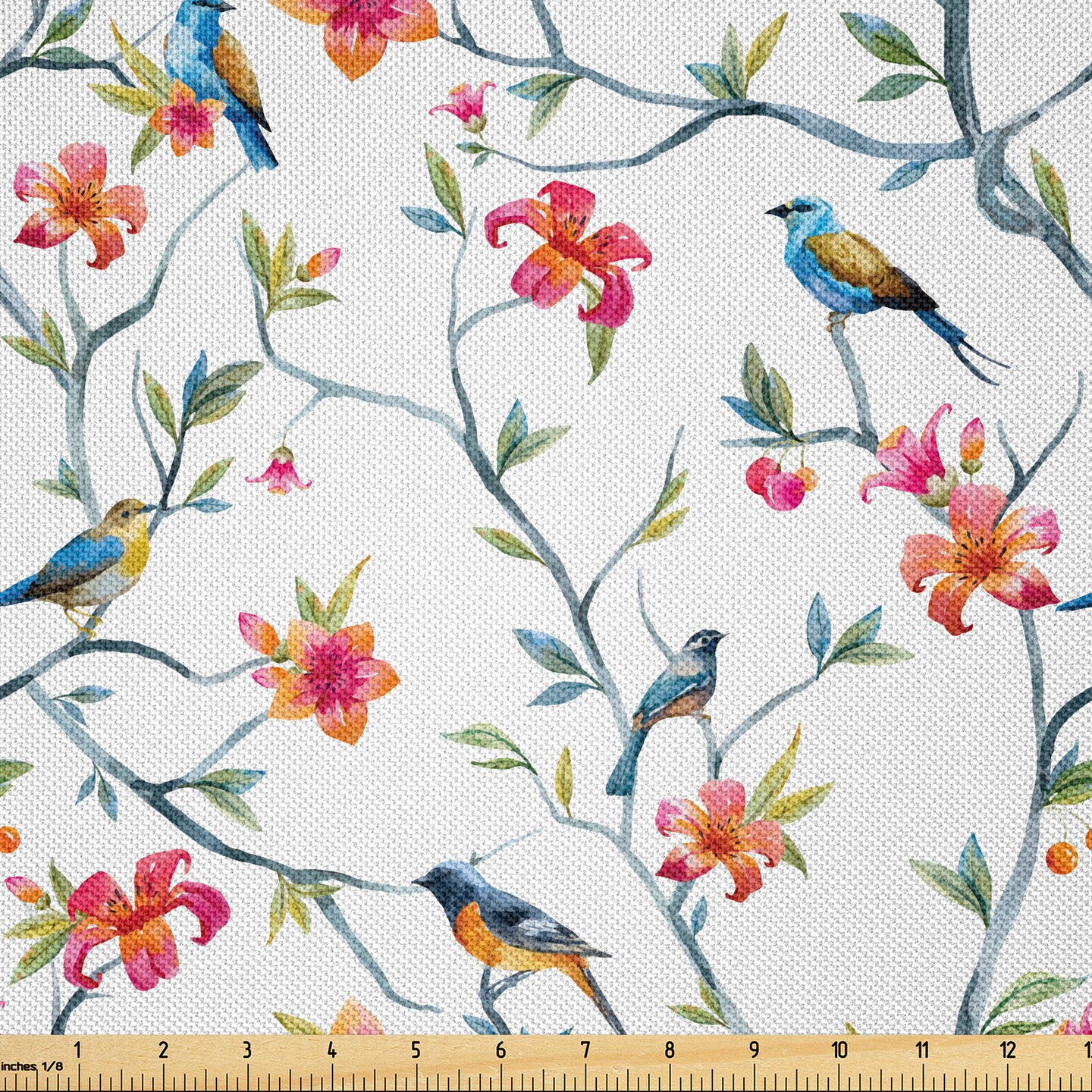 Ambesonne Watercolor Fabric by The Yard, Birds on Branches with Flowers and Leaves Scenes from Nature Cherry Tree Image, Decorative Satin Fabric for Home Textiles and Crafts, 2 Yards, Multicolor