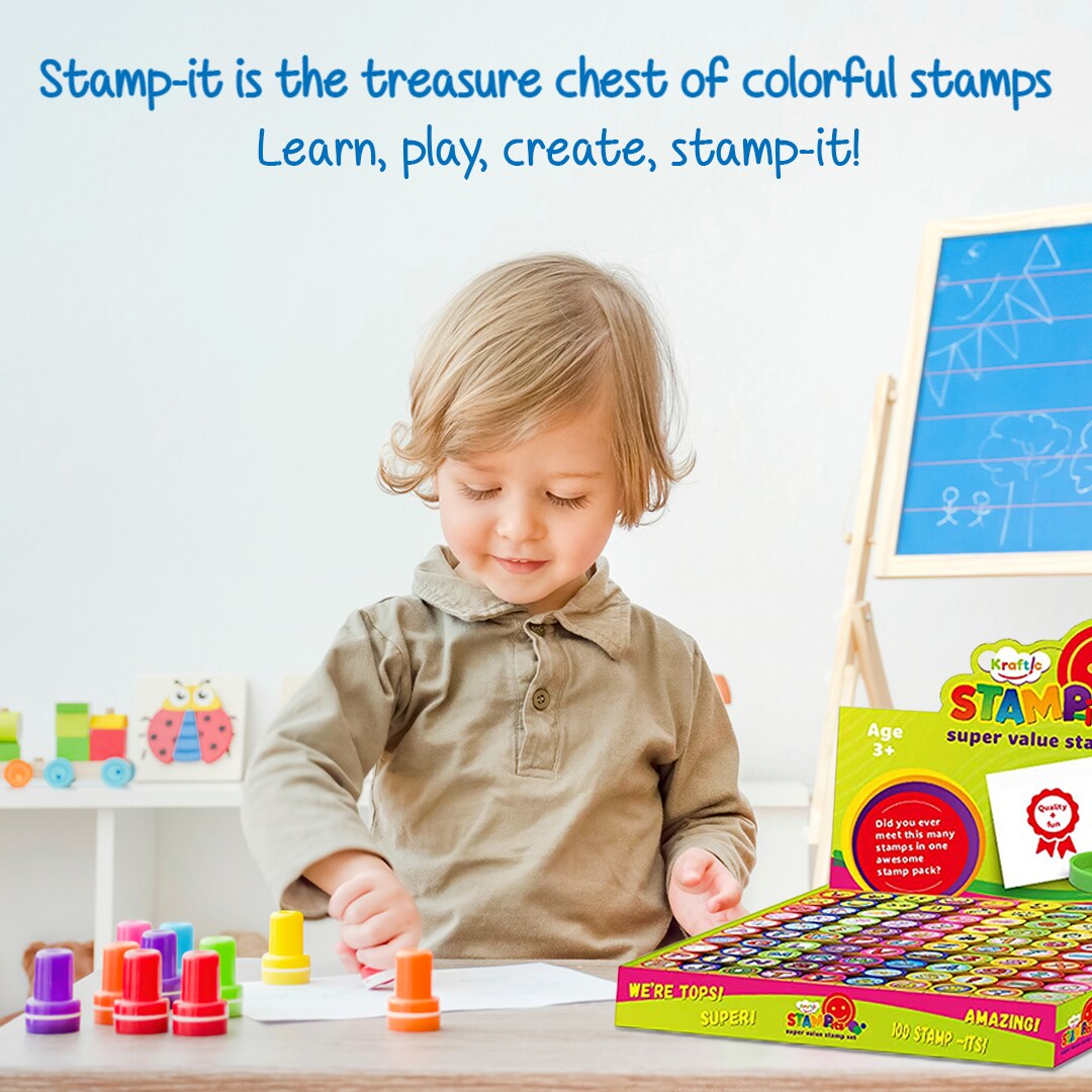 Stamp Set for Kids - Assorted Stamps for Toddlers Alphabet, Numbers, Animal and More Stampers for Kids - 100 Pieces Self-Ink Stamp Toy for Birthday, Party Favor, Easter Egg Stuffers or Treasure Box