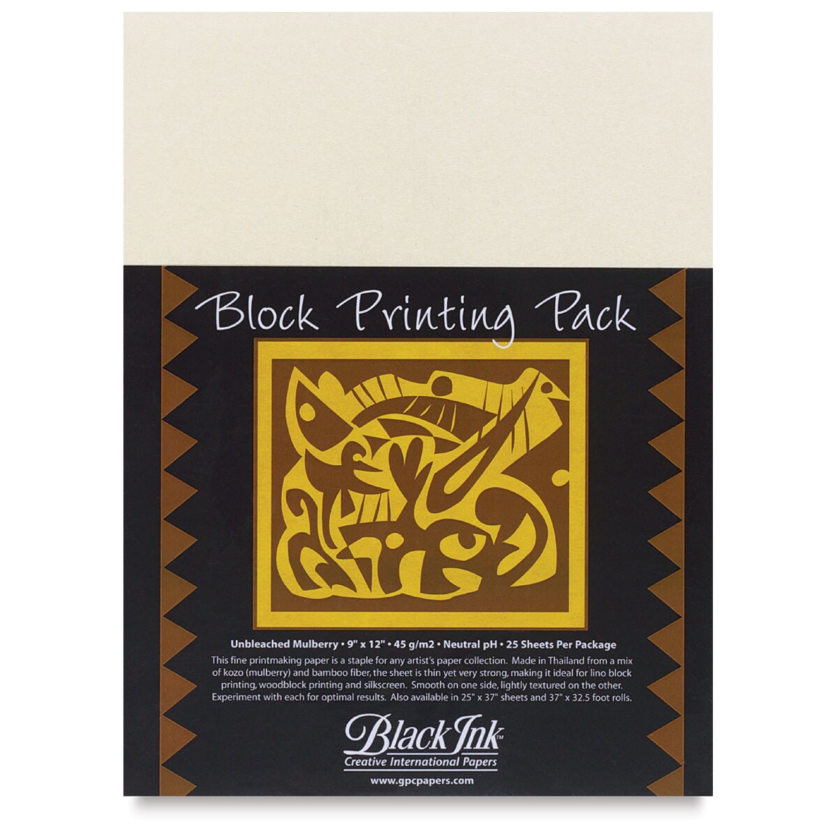 Black Ink Block Printing Pack - 9&#x22; x 12&#x22;, Unbleached Mulberry, 25 Sheets
