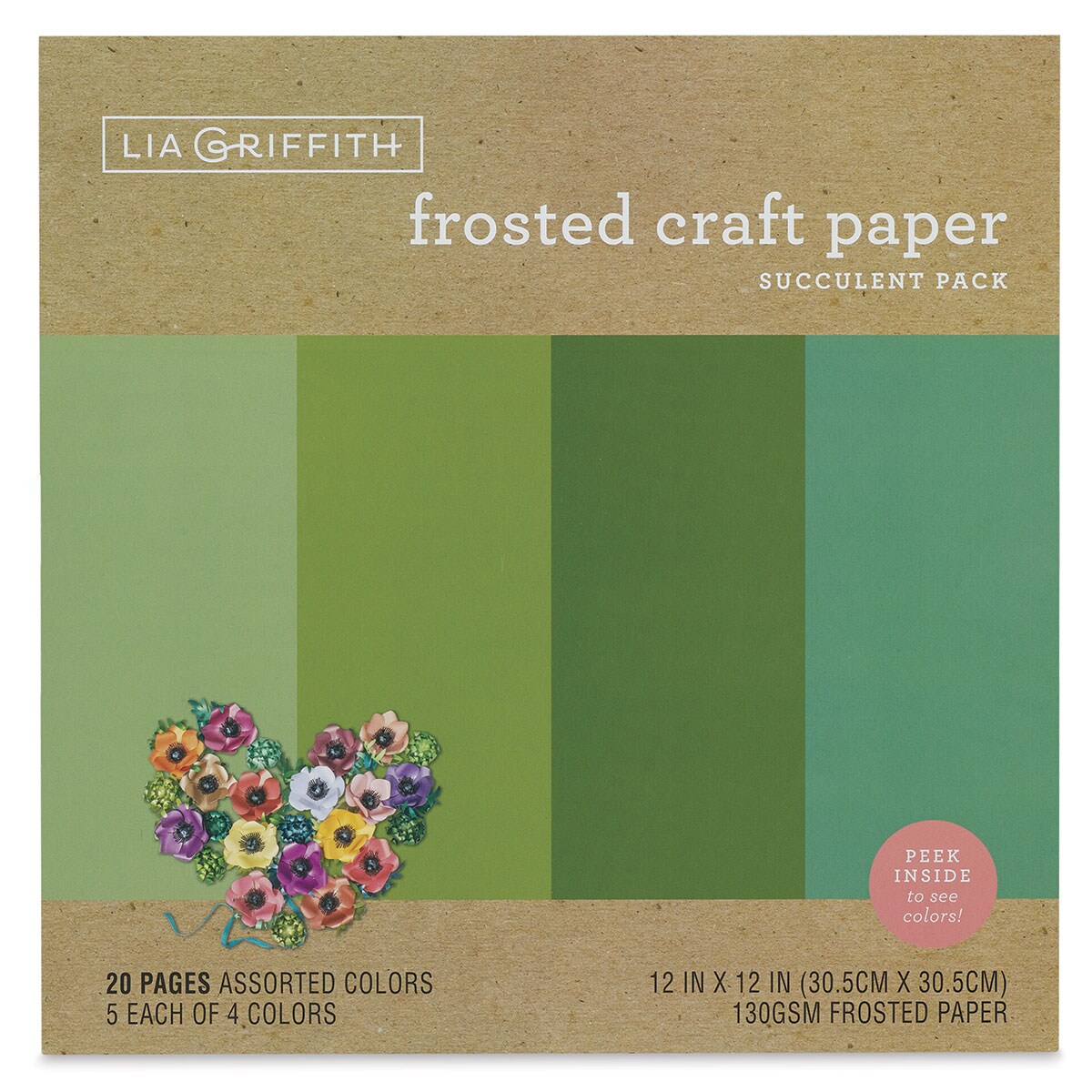 Lia Griffith Frosted Craft Paper - Succulent, 12&#x22; X 12&#x22;, 20 Sheets, 130 gsm