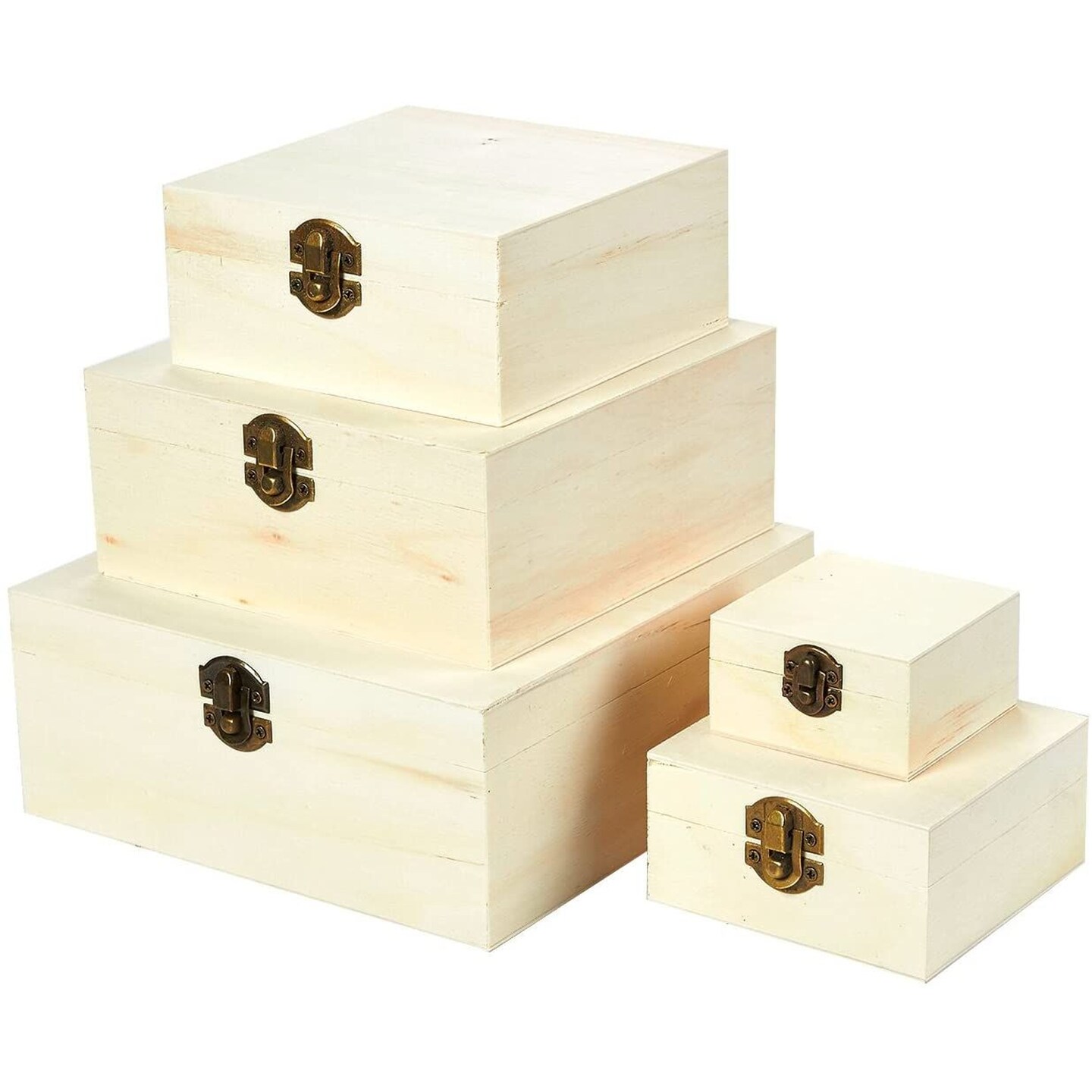Set of 5 Unfinished Wooden Boxes for Crafts - Wood Nesting Boxes with Hinged Lids for Small Item Storage (5 Sizes)