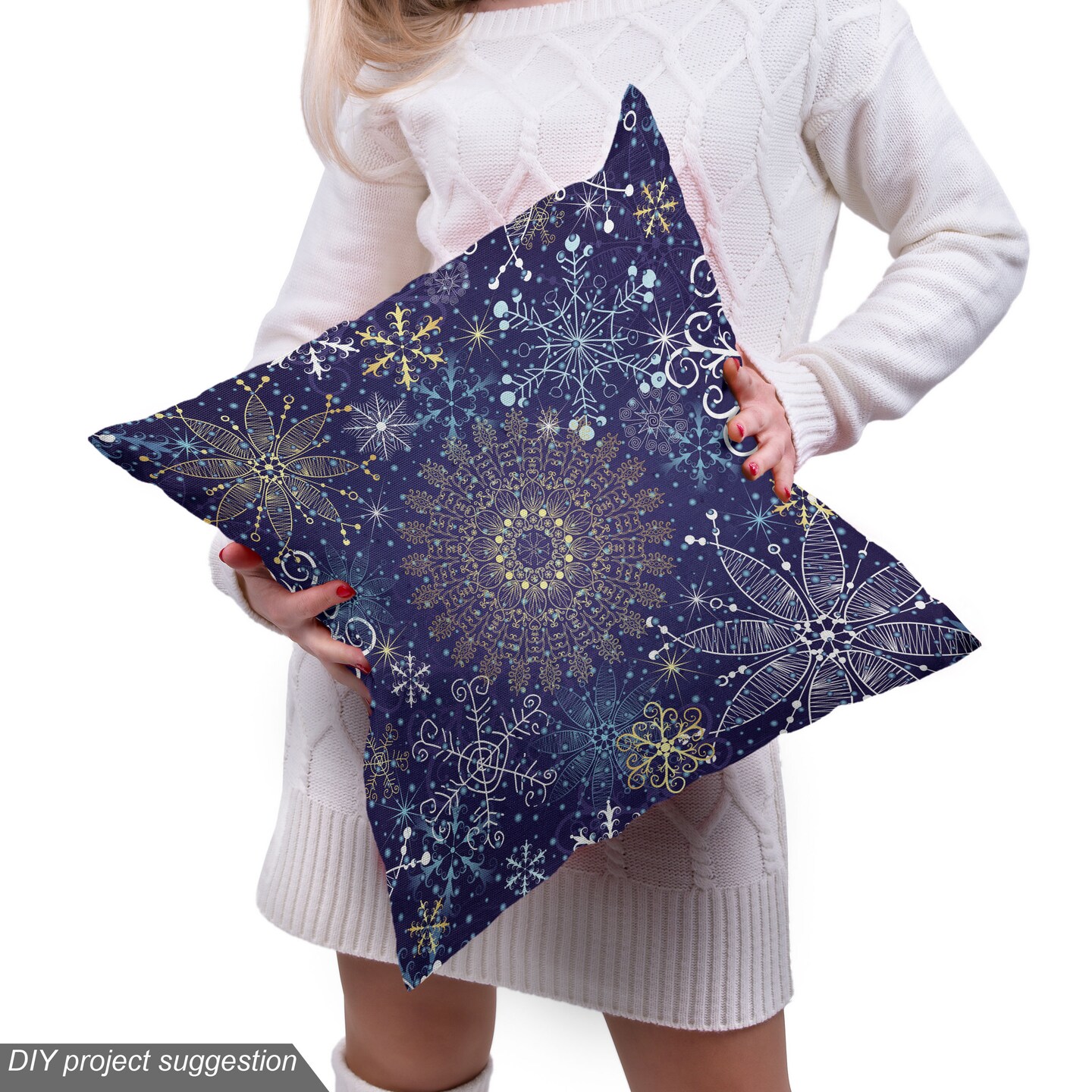 Ambesonne Dark Blue Fabric by The Yard, Christmas Inspired Pattern with Ornate Curly Snowflakes Mandala Style, Decorative Fabric for Upholstery and Home Accents, 1 Yard, Indigo White