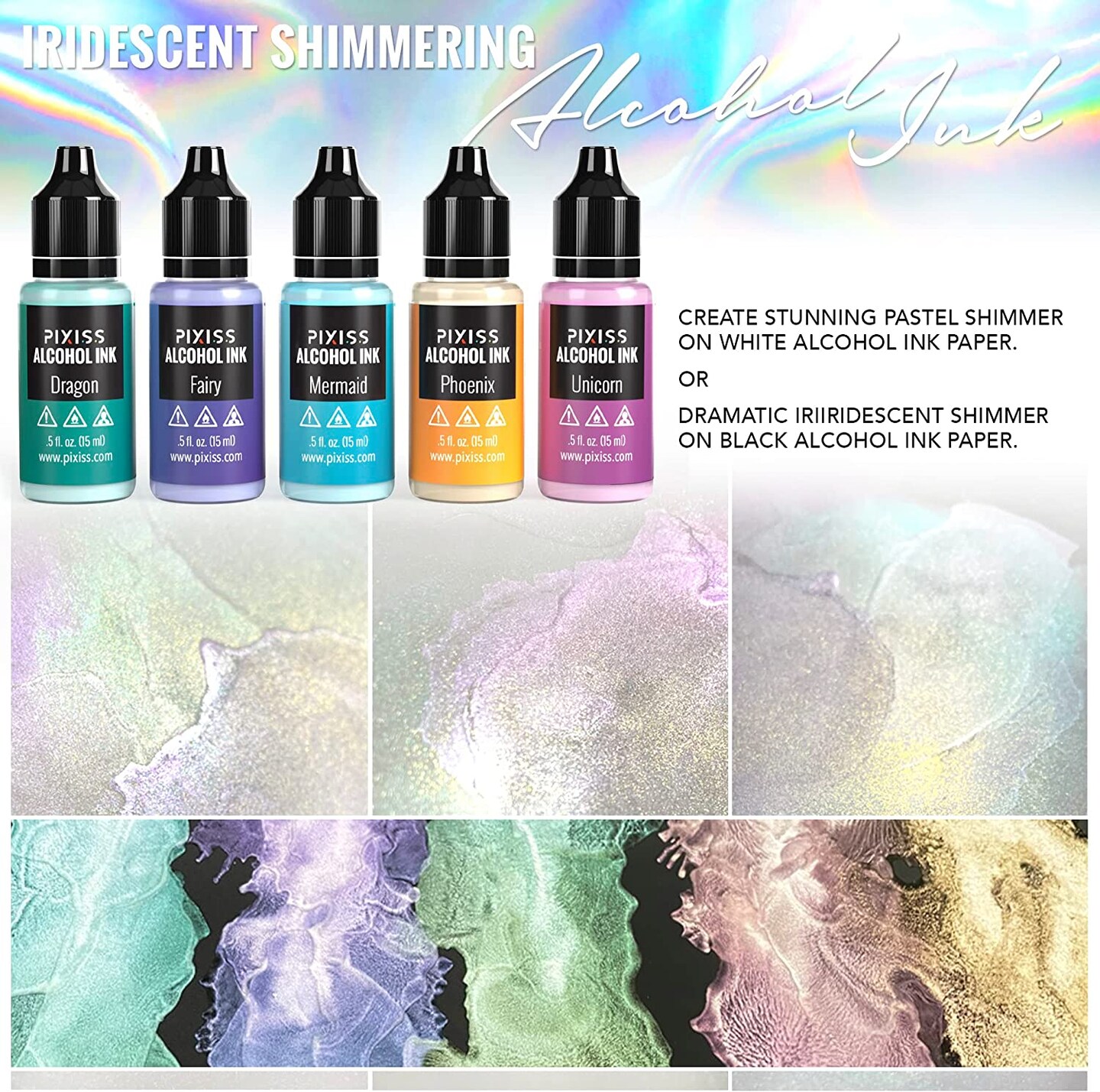 Pixiss Iridescent Alcohol Inks Set, 5 Highly Saturated Mythical Alcohol  Inks for Resin