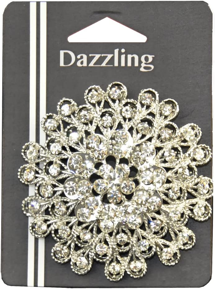 Belagio Rhinestone Brooch, 3" Diameter, 1 Piece, Peacock Medallion, Silver/Crystal