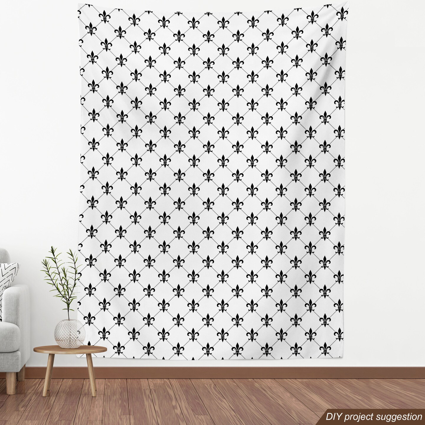Ambesonne Fleur De Lis Fabric by The Yard, Checkered Dotted Pattern with Monochrome Abstract Lily Flower Revival, Decorative Fabric for Upholstery and Home Accents, 5 Yards, Black White