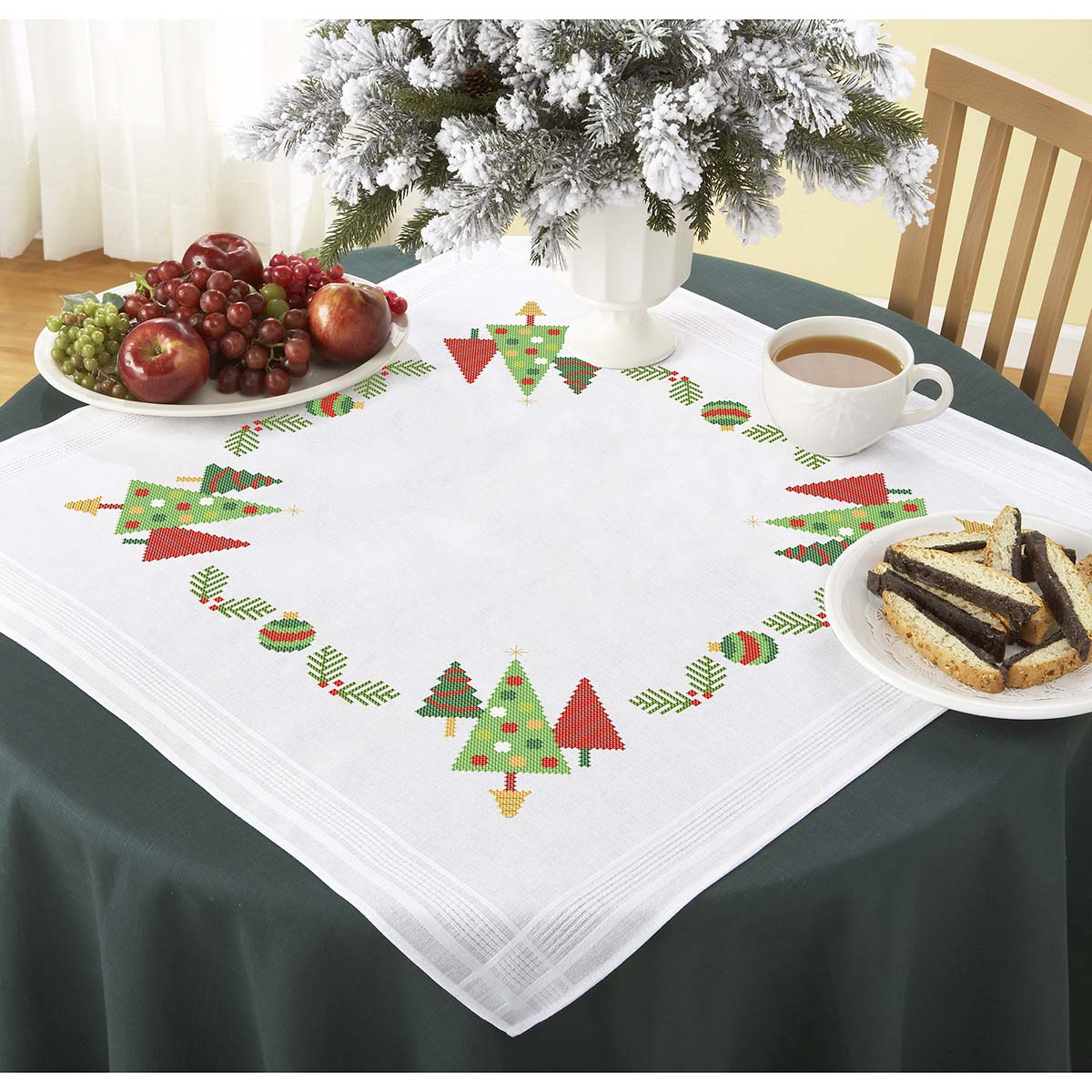 Village Linens Trim the Tree Table Topper Stamped Cross-Stitch Kit