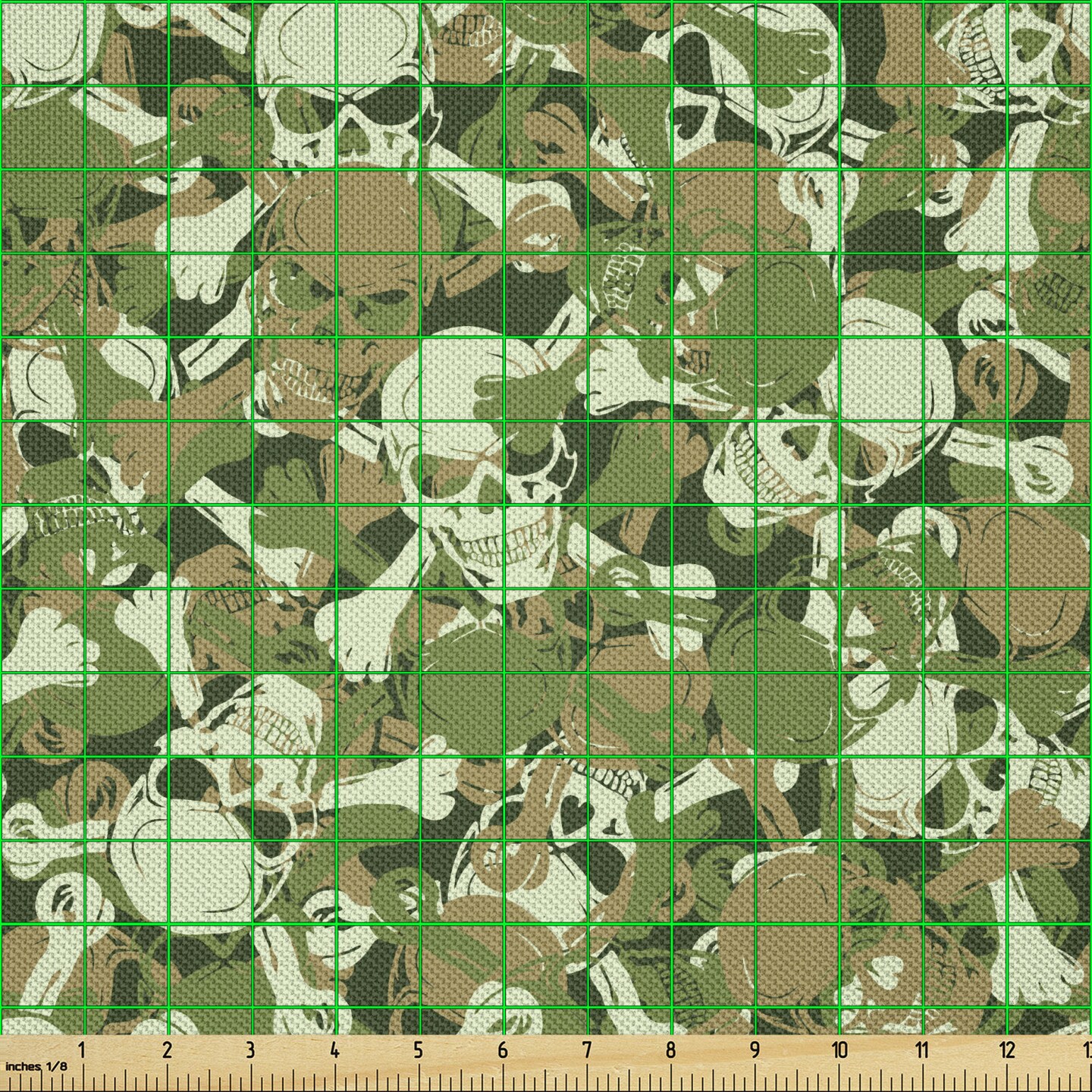 Ambesonne Camo Fabric by The Yard, Sketchy Skulls and Crossbones Warning Sign Spooky Scary Horror Tile, Decorative Satin Fabric for Home Textiles and Crafts, 2 Yards, Green Brown