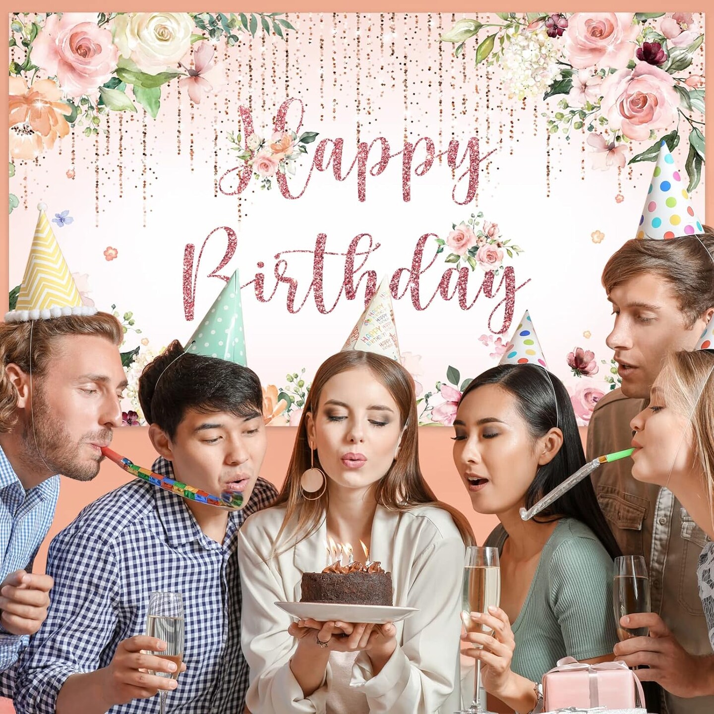 Happy Birthday Banner Decorations Backdrop Rose Gold Birthday Banner Party Supplies Photography Background for Women Girls
