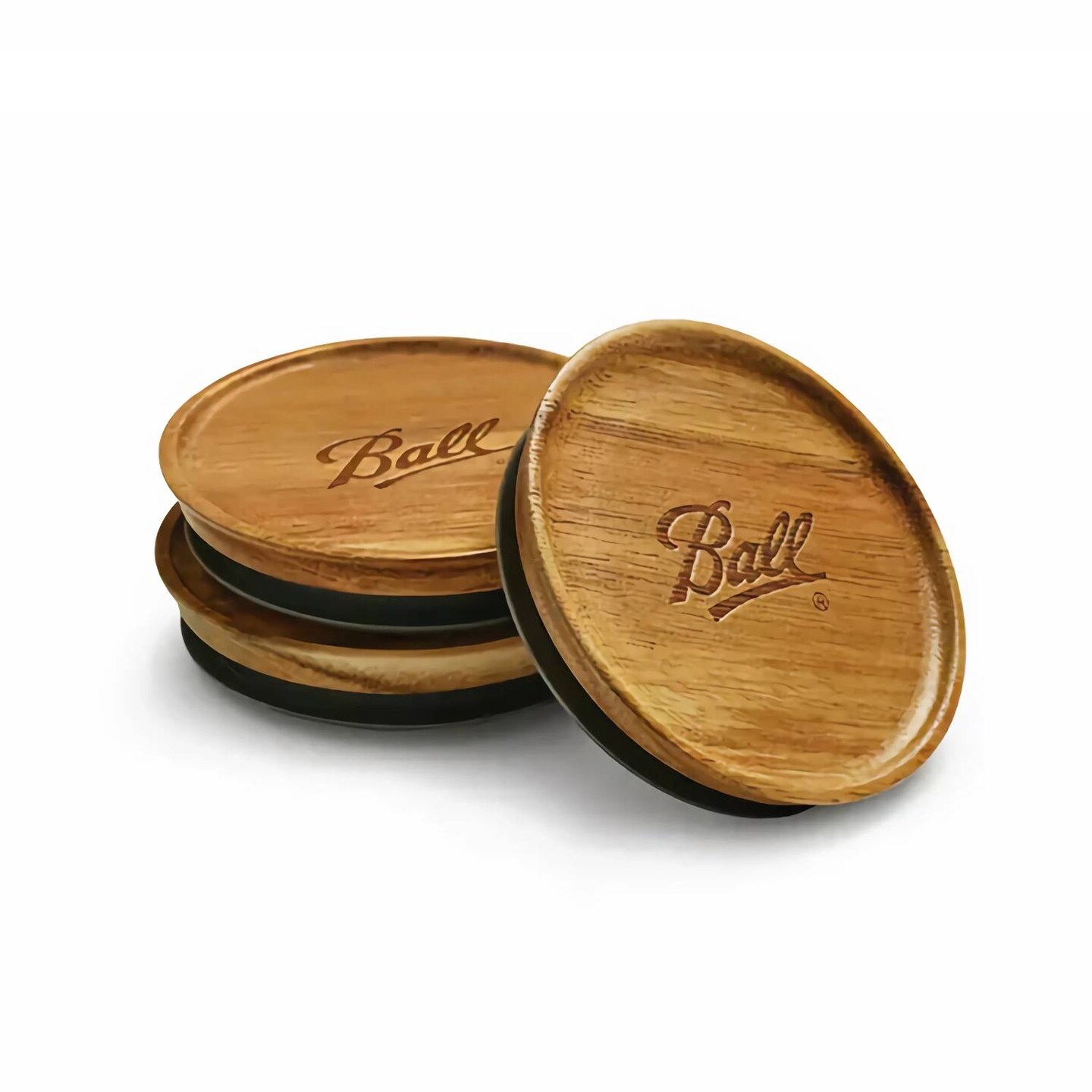 Ball Reusable Mason Jar Lids, Acacia Wood Storage Lids with Silicone Gaskets for an Airtight Seal, Wide Mouth, One Pack of 3