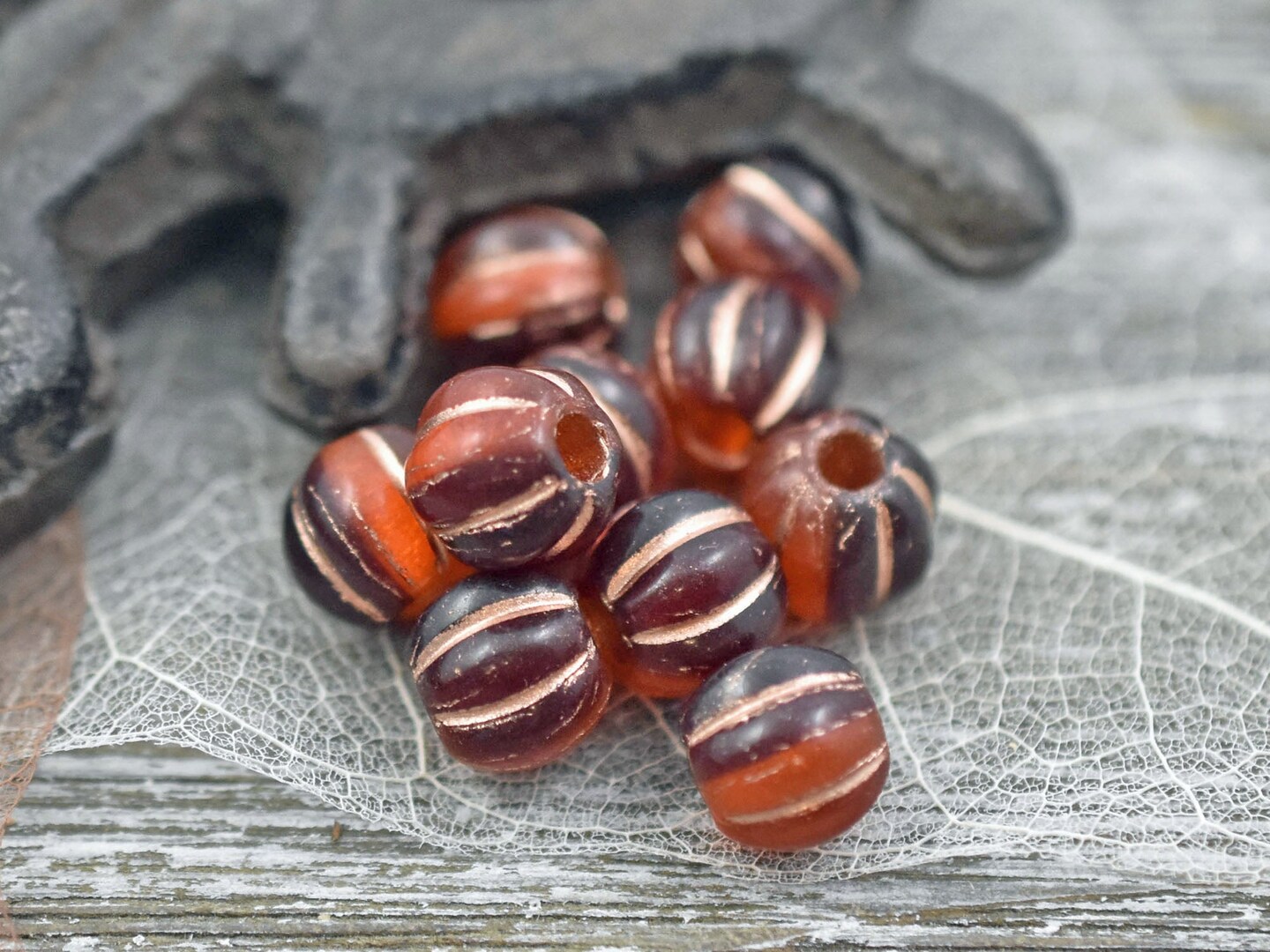 *20* 8mm Copper Washed Red Sunset Large Hole Melon Beads