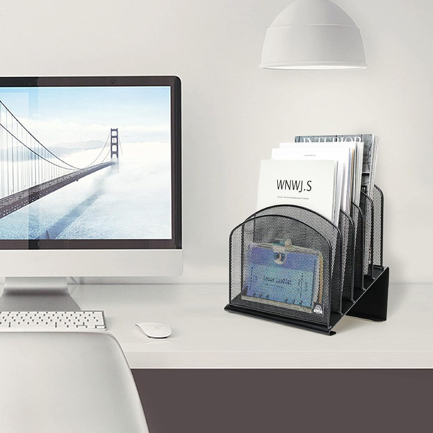 Inclined Desk File Organizer, 5-Section Vertical File Folder Holder Stand Metal Rack File Sorter for Office Classroom Desktop Organization (Black, 1Pack)