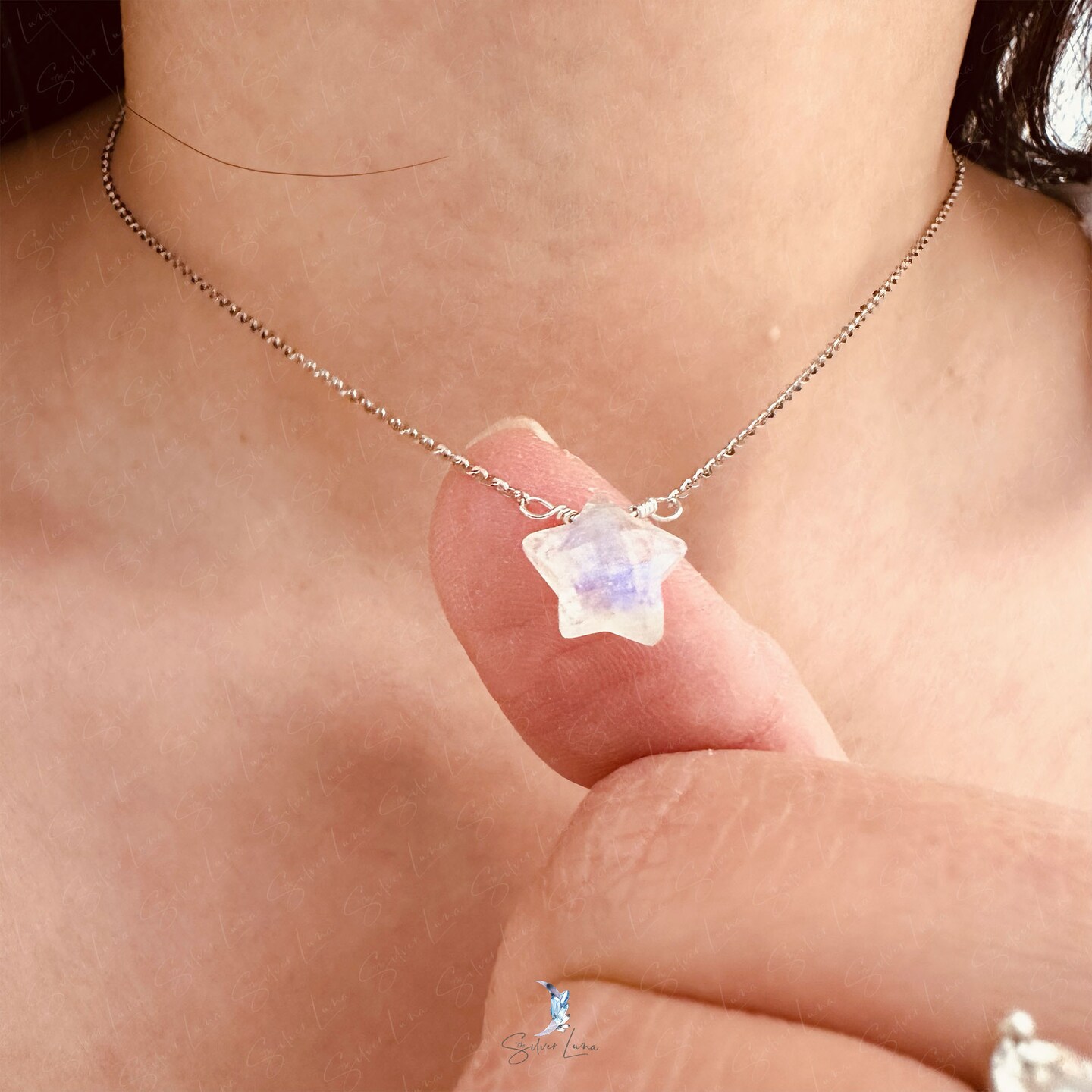 Star rainbow moonstone pendant necklace in sterling silver 