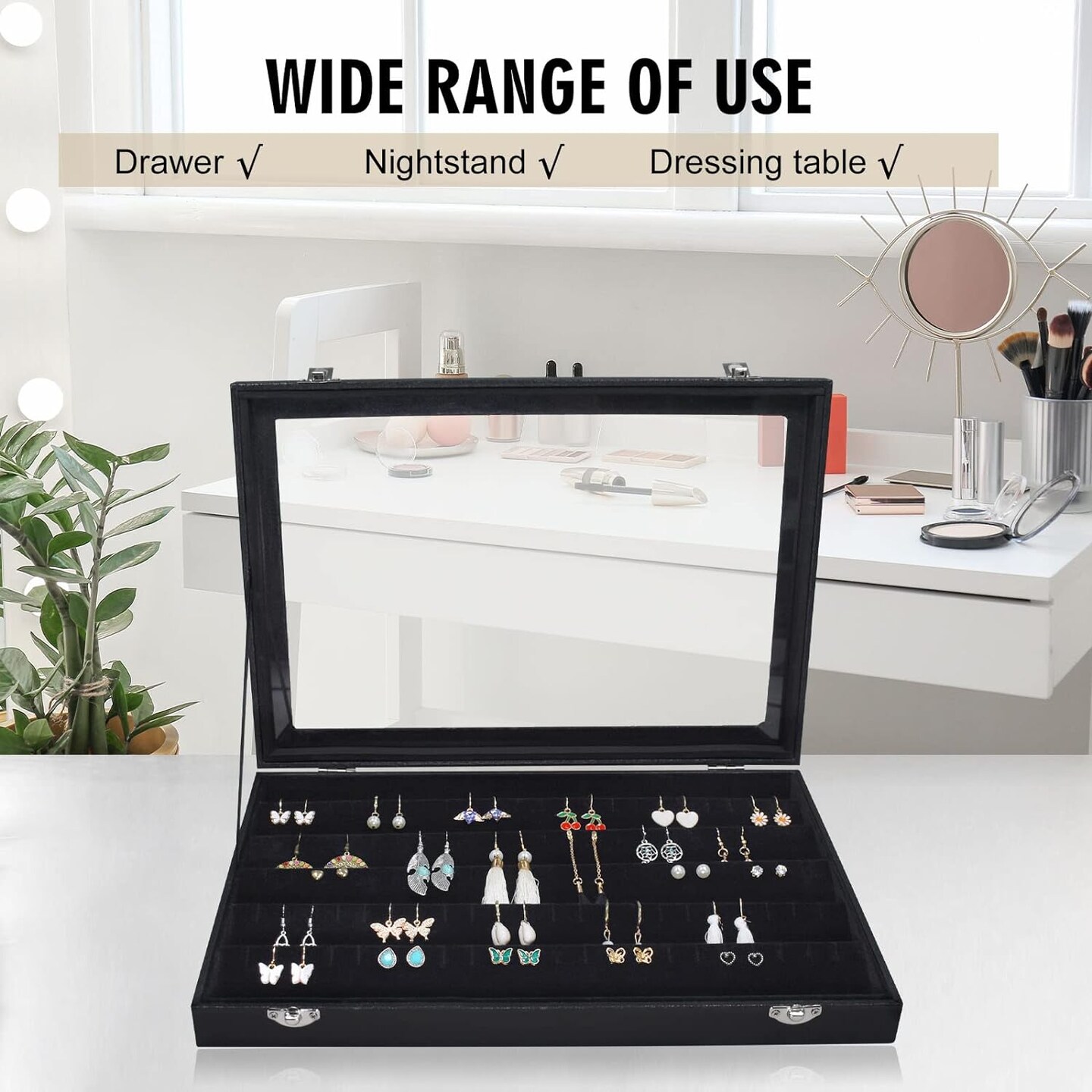 Velvet Earring Organizer Tray with 110 Slots and Glass Cover