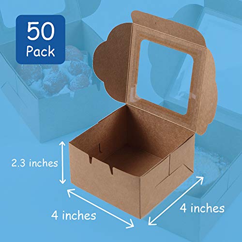 50 Pieces Single Pastry Box 4-Inch, Packaging with Clear Display Window, Donut, Mini Cake, Pie Slice, Dessert Disposable Take-Out Container, Brown, 4 x 2.3 x 4 Inches