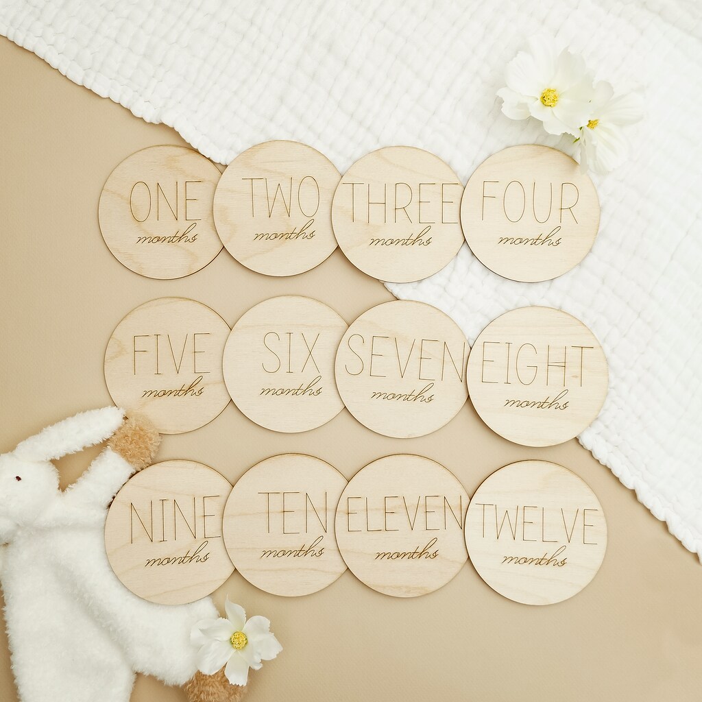 Baby Monthly Milestone Wooden Circles, Set of 13 Photo Props | Woodpeckers