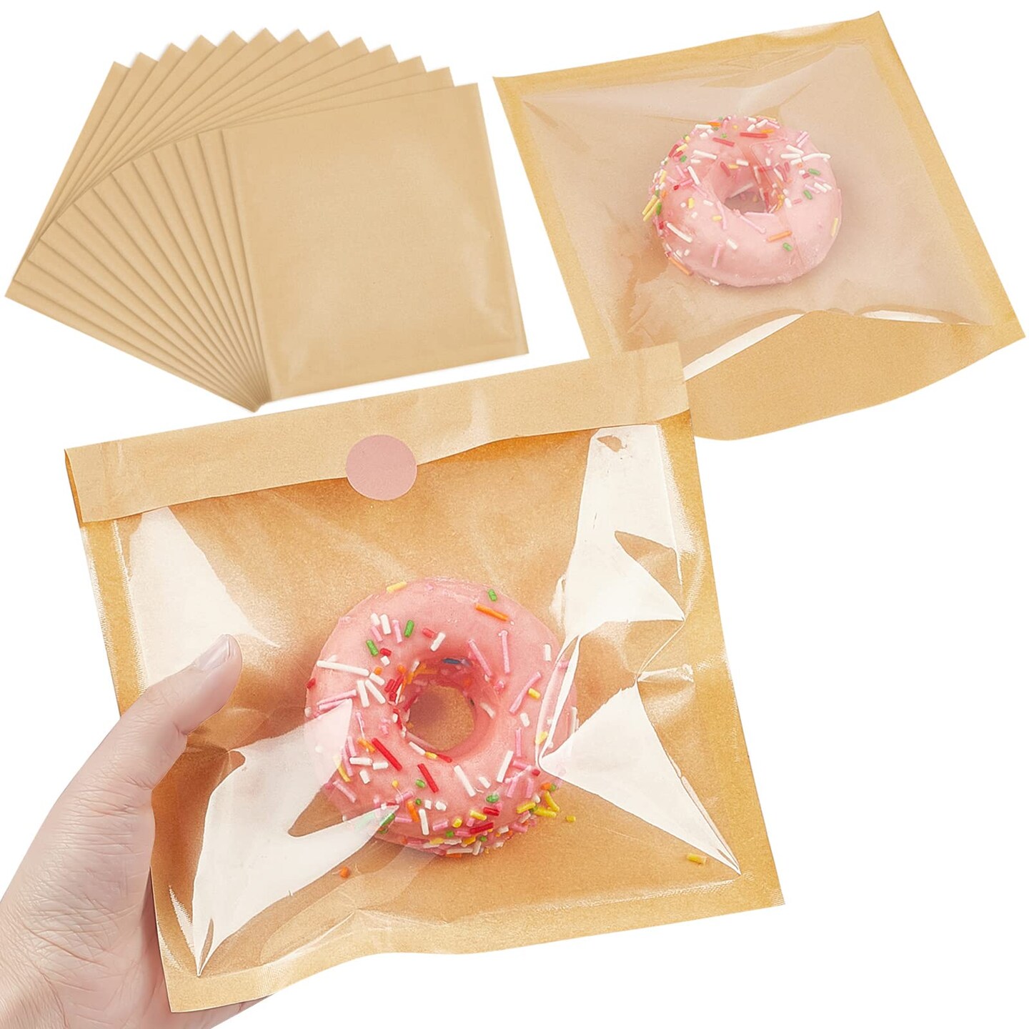 100 Pieces Heat-Sealable Bakery Bags with Window for Egg Sandwich, Donut, Cookies Packaging, 7.1x7.5 Inches Clear Front Paper Treat bags To go, Grease-Resistant (100)