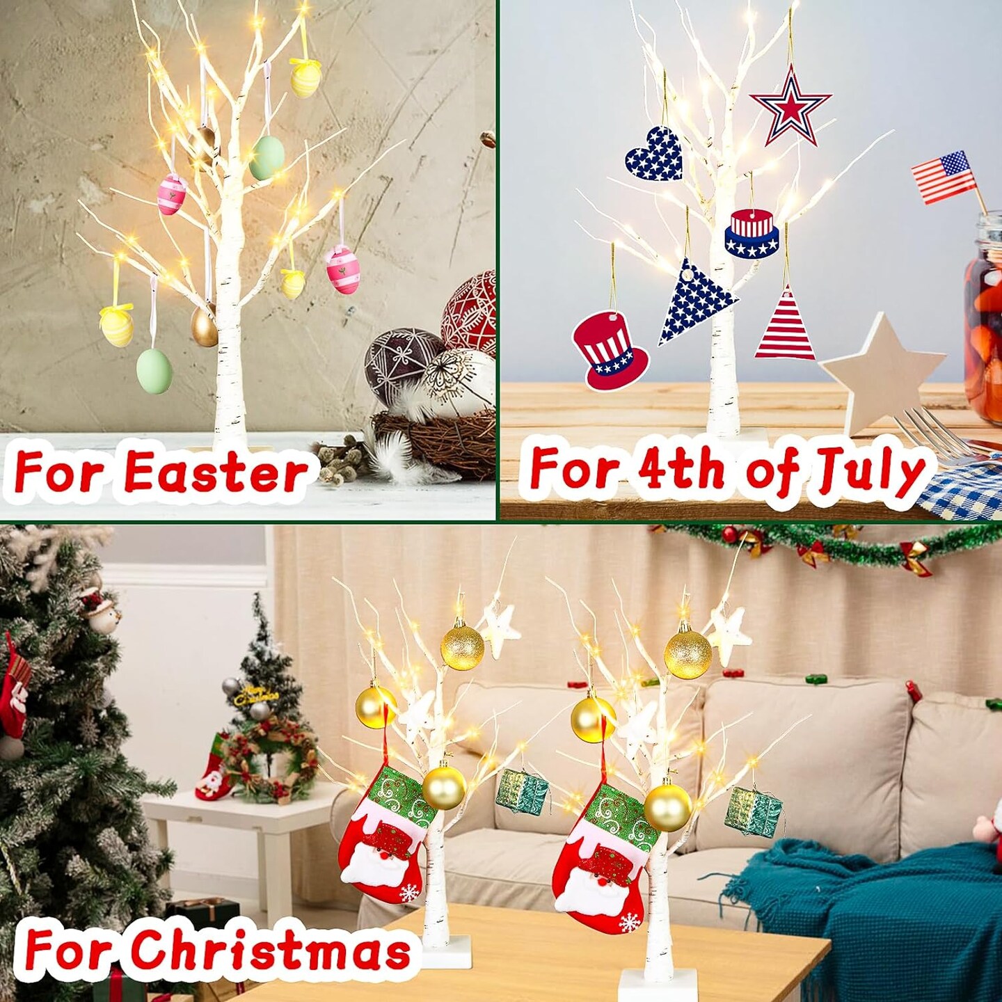 Fourth of July Decorations: 2 Pack 2 FT/24&#x27;&#x27; Birch Tree with 24 LED Warm Lights, Patriotic Tree Indoor Lights Home Decoration,Lighted Up Christmas Trees,Battery Powered Lights for 4th of July Table Home