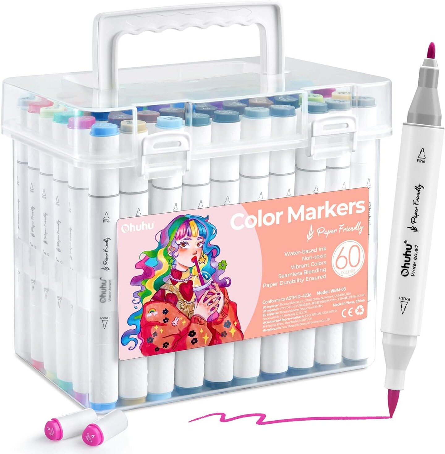 Ohuhu Markers Paper-friendly No Peeling Water-based Coloring Markers 60 Colors Dual Brush Fine Tips Markers for Adult Coloring Books No Bleeding Art Markers for Kids Adults Beginner Calligraphy