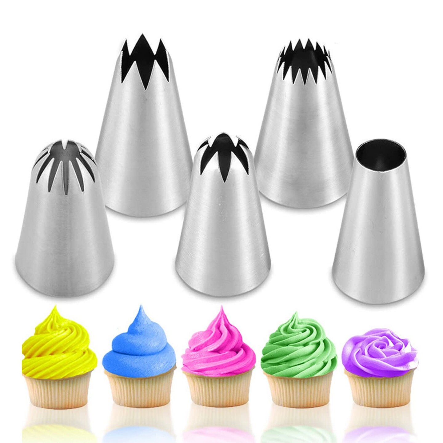 5 Pieces Large Piping Tips Set,Stainless Steel Frosting Piping Kit,Pastry Cake Decorating Tips Baking Tools For Cookies Cupcake Decorating Kit (1A 1E 348 347 356)