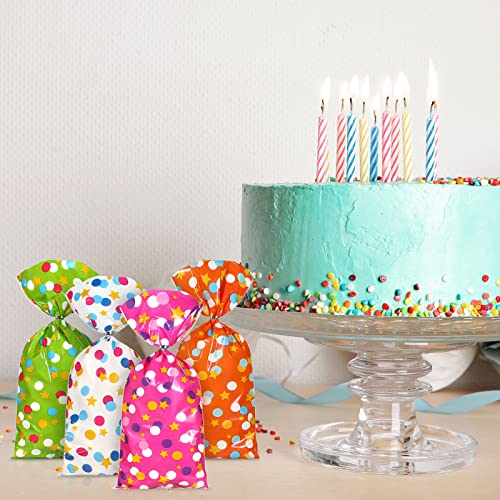 100 Pieces Cellophane Treat Bags, Polka Dots Goodie Bags Star Party Favor Candy Bags with 100 Twist Ties Rainbow Stars Theme for Birthday Baby Shower Pride Day School Supplies (Dot Style)