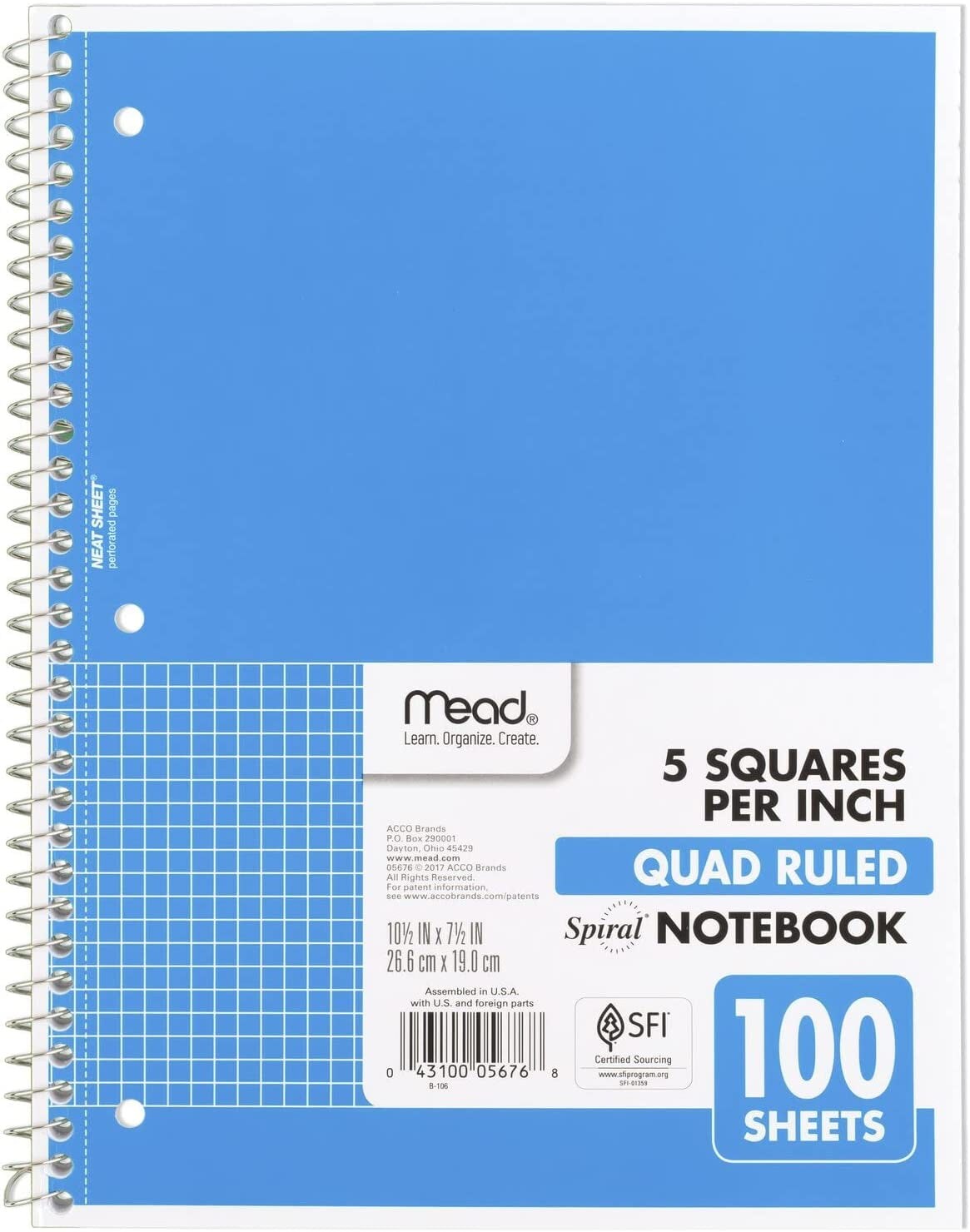 Spiral Notebook, 1-Subject, Graph Ruled Paper, 7-1/2&#x22; X 10-1/2&#x22;, 100 Sheets, Green (05676AC5)