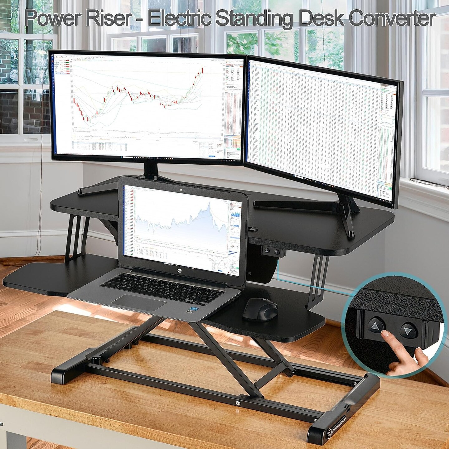 32" x 24" Electric Standing Desk Converter for Dual Monitor, Laptop Workstation with Wide Keyboard Tray, 32 Inch Height Adjustable Sit to Stand Desk Riser, Black