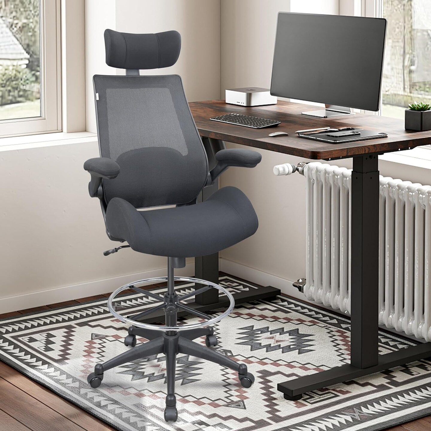 400lbs High-Back Mesh Ergonomic Drafting Chair,Tall Office Chair, Standing Desk Chair,Adjustable Headrest,with Flip-Up Arms,Lumbar Support Swivel Computer Task Chair-Black