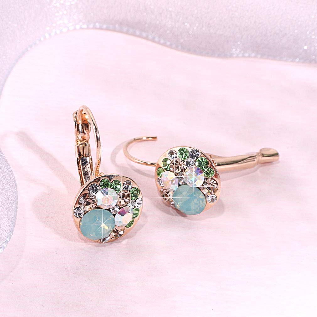 Multicolored Crystal Earrings for Women 14K Gold Plated Leverback Dangle Hoop Earrings (Green Opal+Aurora Borealis Crystal)