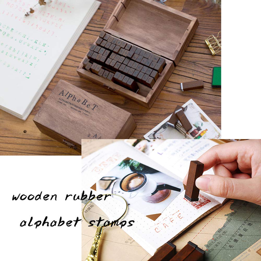 70 Pieces Wooden Rubber Alphabet Letter Number Stamps,Wooden Rubber Number Letter,Stamper Seal Set Capital Upper Lower Case for DIY Craft Card Making Happy Planner Scrapbooking Supplies(Dark Wooden)