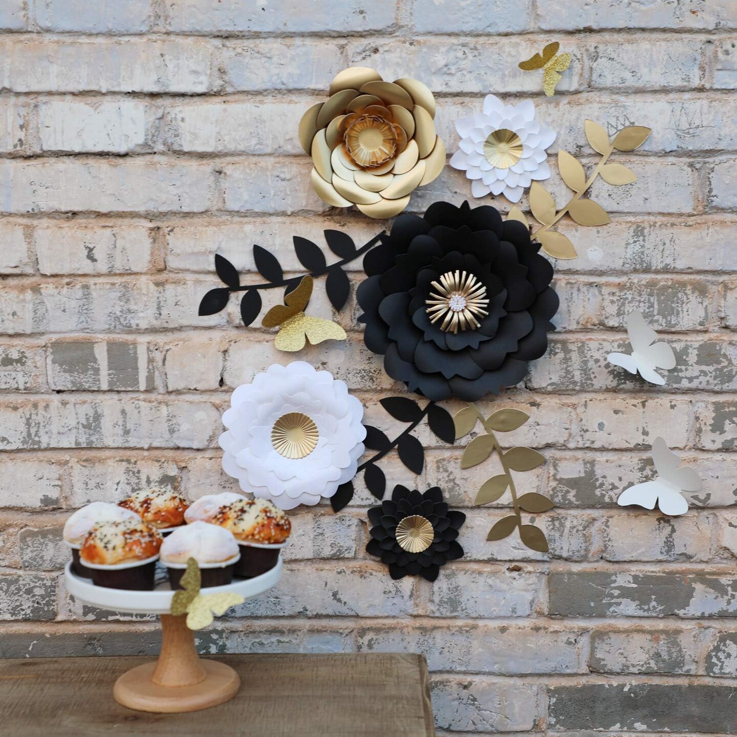 3D Paper Flower Decorations(Set of 13, White Black Gold), Giant Paper Flowers for Wedding Backdrop, Graduation Party, Bridal Shower, Halloween Centerpieces, Nursery Wall Decor