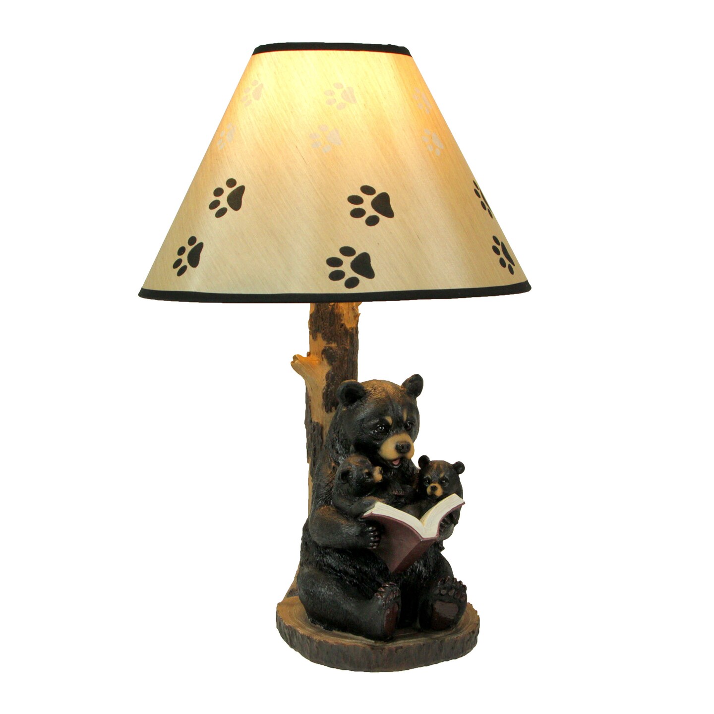 Black Bear Reading to Curious Cubs Table Lamp w/Paw Print Shade