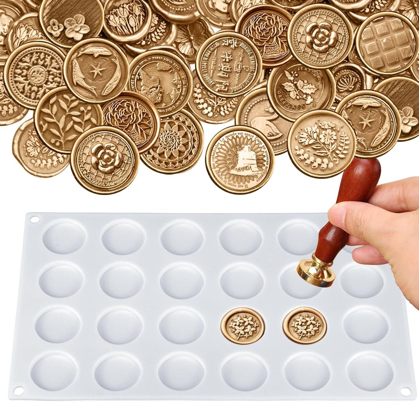 Silicone Mat/Pad for Wax Seal Stamp, 24-Cavity Wax Sealing Mat with Removable Sticky Dots for DIY Craft Adhesive Waxing